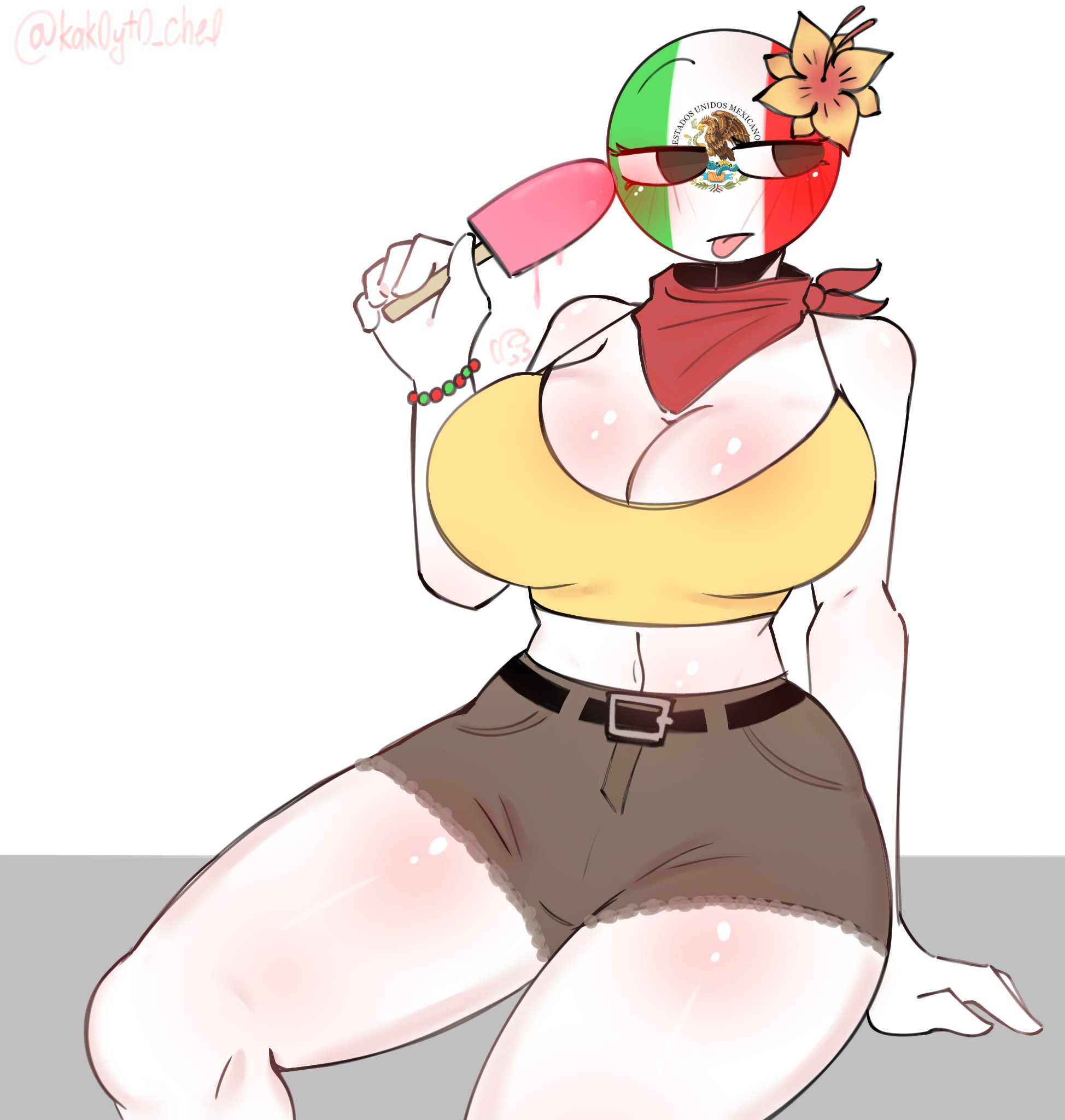 1girls, amogus, ass, big ass, big breasts, breasts, clothing, countryhumans, countryhumans girl, female, female only, kak0yt0 chel, mexico (countryhumans), sitting, tongue, tongue out, twitter username
