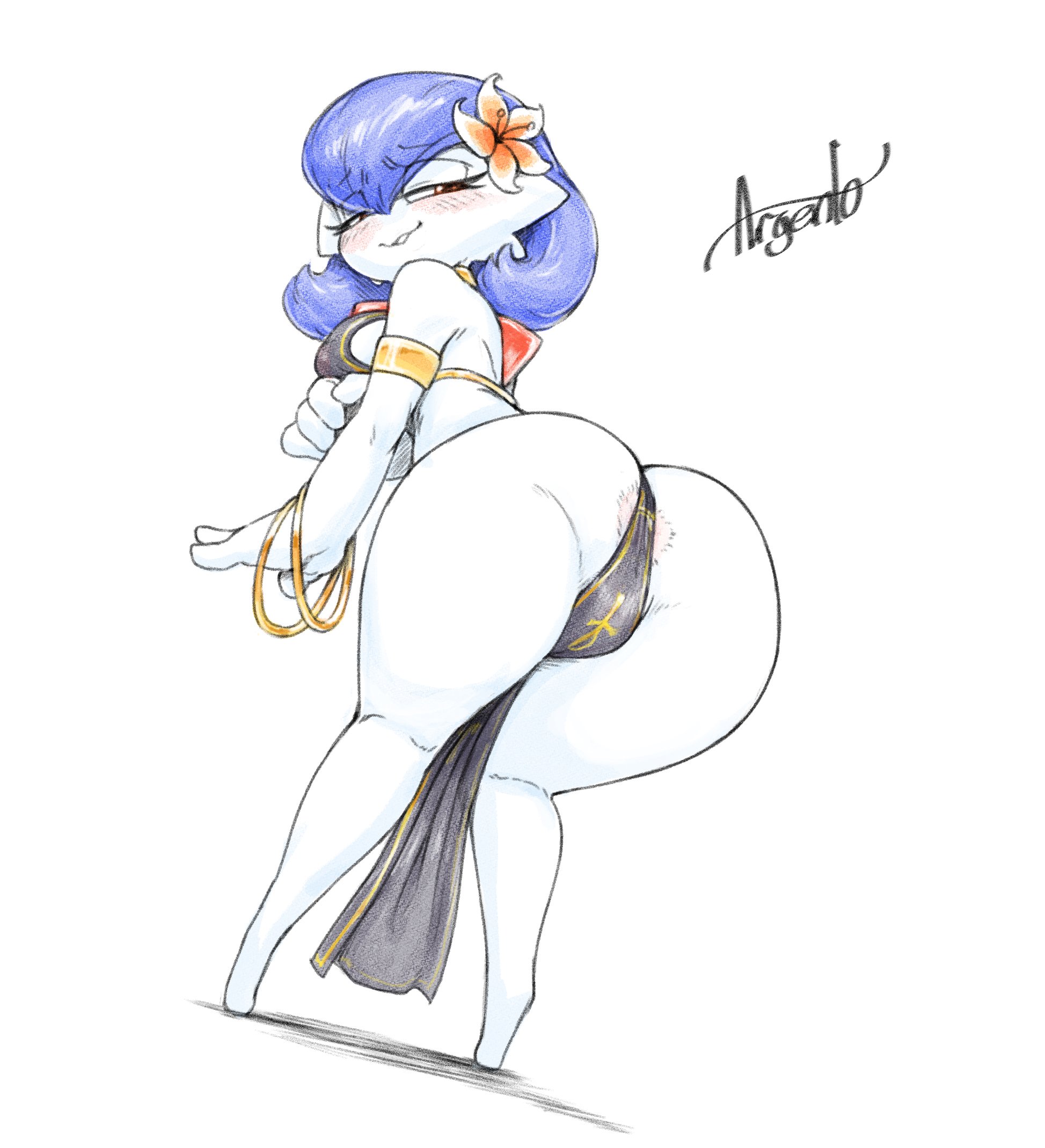 argento, ass, blue hair, breasts, female, gardevoir, medium breasts, orange eyes, pokémon (species), pokemon, pokemon (species), presenting, presenting ass, presenting hindquarters, short hair, thick ass, thick legs, thick thighs, violet (polyvoir), white body, white skin, wide hips, wide thighs