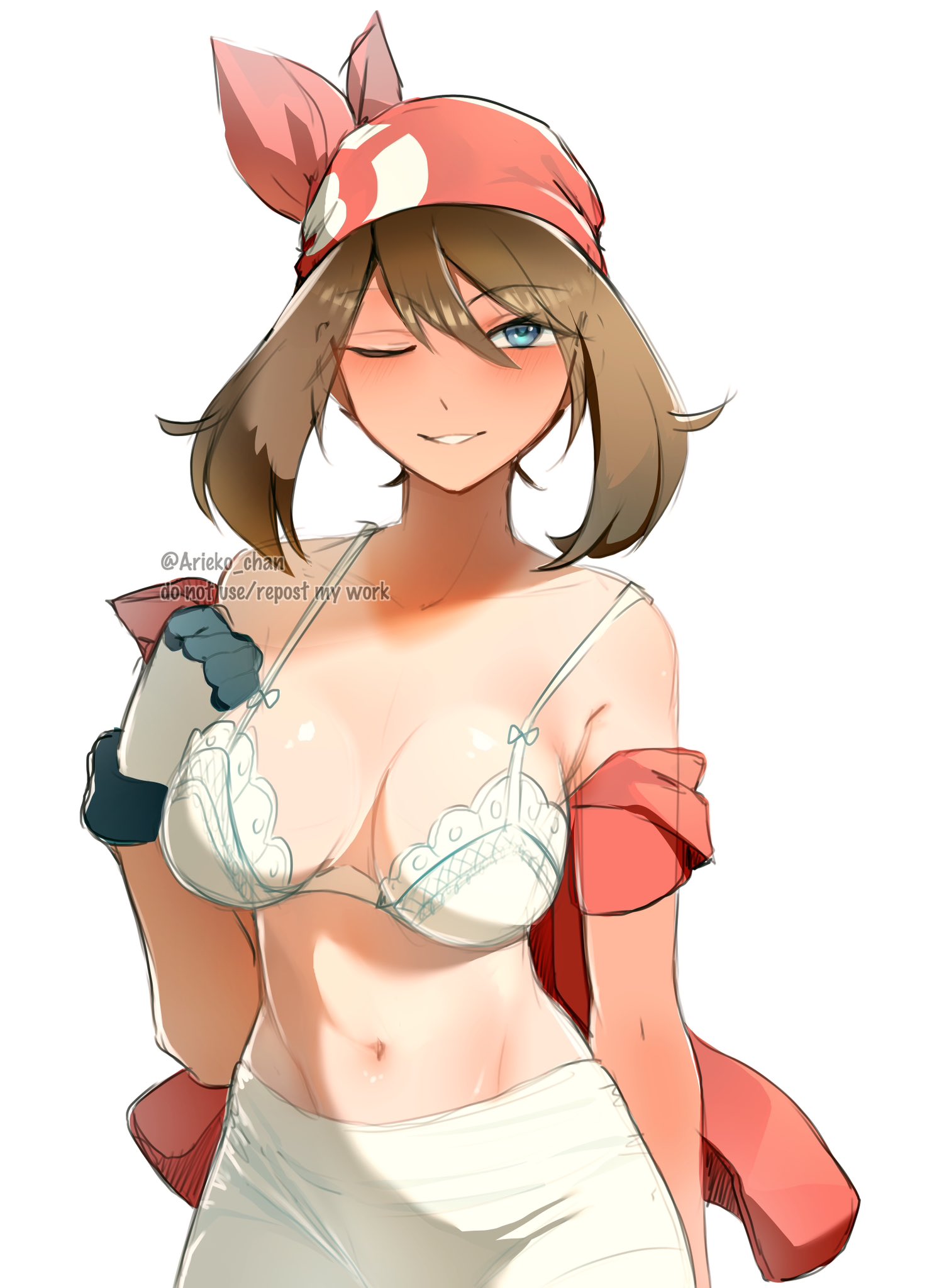 1girls, ariekochan, artist name, bandana, bare belly, belly button, big breasts, blue eyes, blush, bra, breasts, brown hair, brown-haired female, cleavage, commentary, english commentary, english text, female, female focus, female only, gloves, groin, highres, lace, looking at viewer, may (pokemon), one eye closed, open clothes, pokemon, pokemon rse, red bandana, red shirt, shirt, shorts, smile, smiling, solo, underwear, watermark, white bra, white shorts
