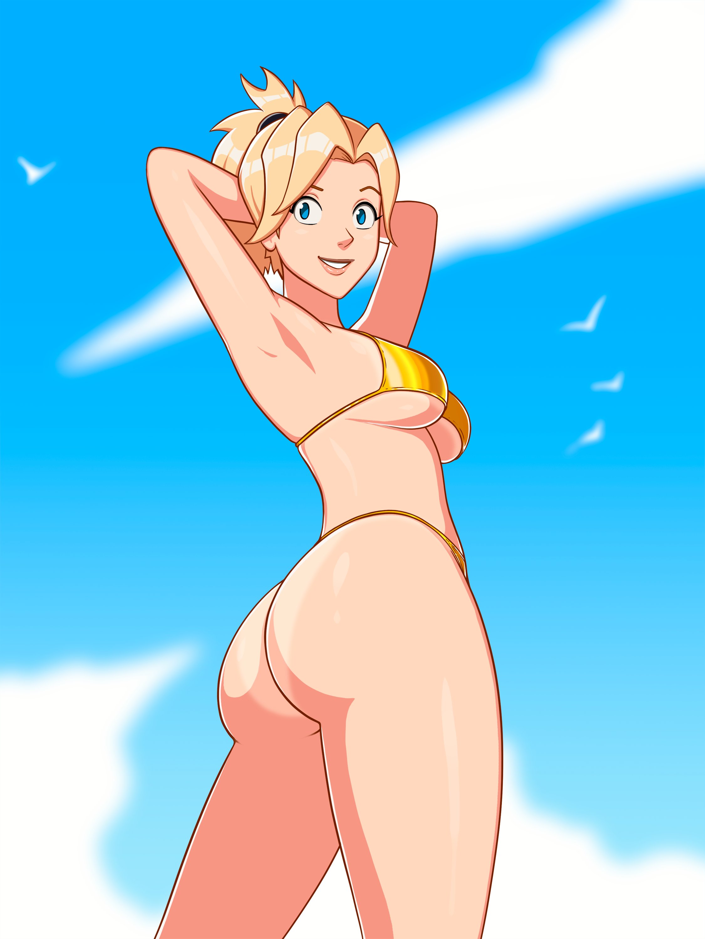 1girls, big breasts, bikini, blonde hair, breasts, female, female focus, female only, gold bikini, golden bikini, golden week, light skin, light-skinned female, mercy, overwatch, rear view, sinfulline