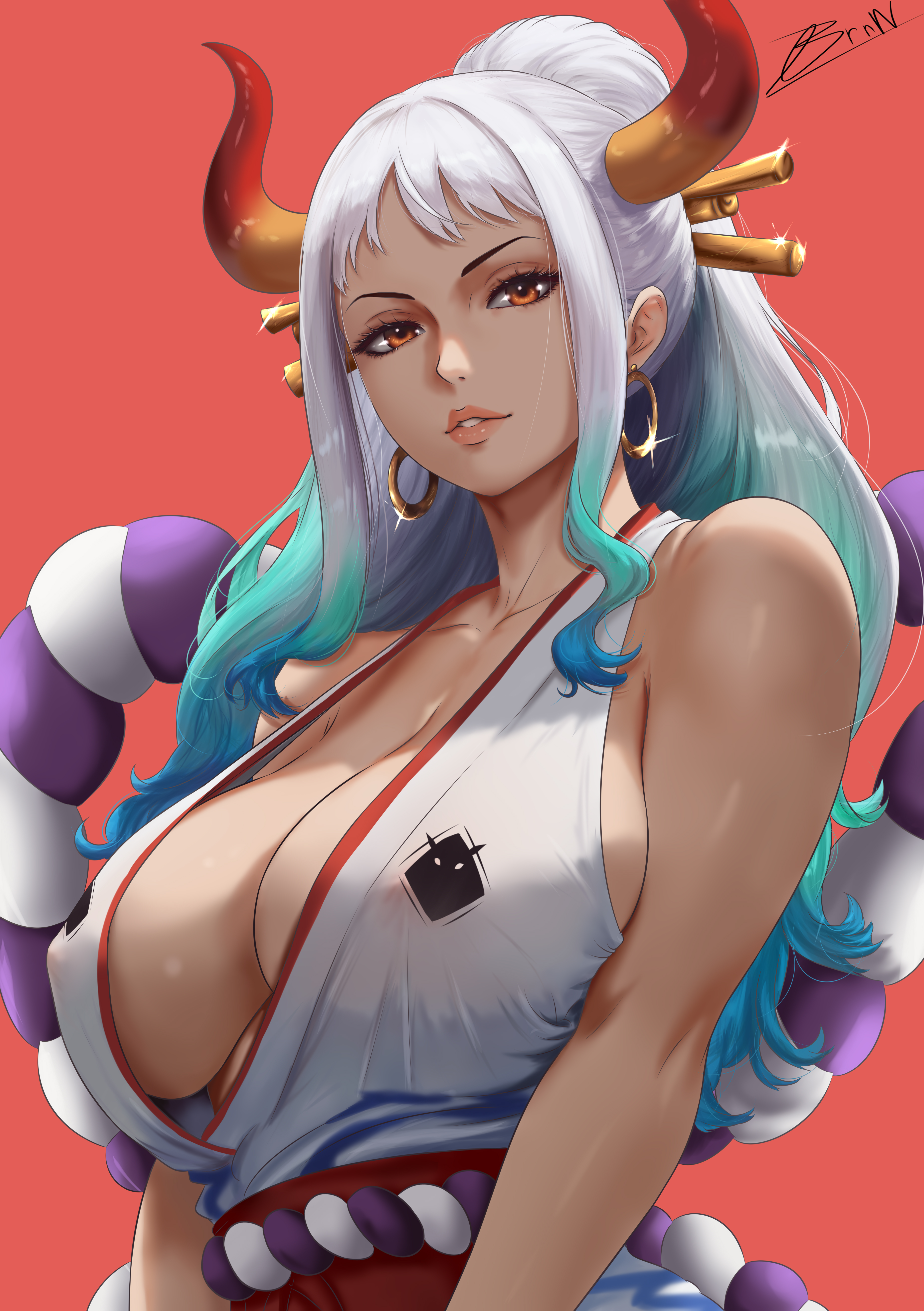 1girls, big breasts, blue hair, breasts, brnn, brown eyes, cleavage, clothing, curvy body, curvy female, earrings, female, female only, hair ornament, hoop earrings, horn, horns, huge breasts, large breasts, long hair, multicolored hair, nipples, one piece, self upload, simple background, teal hair, two-tone hair, white hair, white-haired female, yamato (one piece)