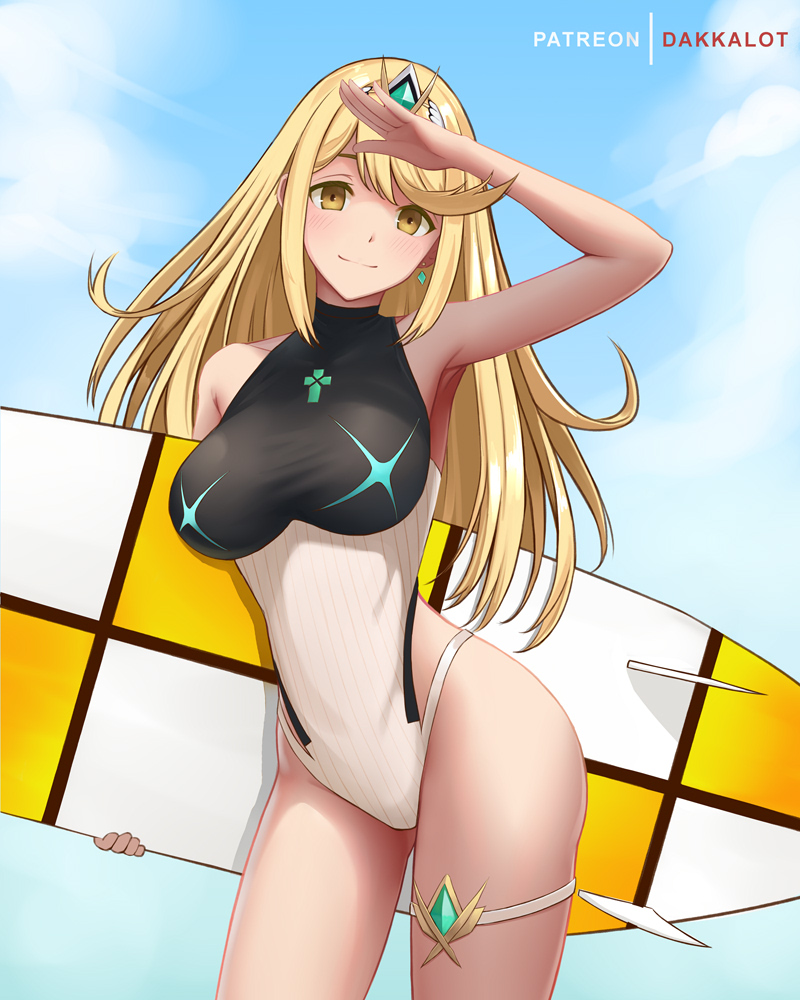 1girls black_swimsuit blonde_hair breasts clouds competition_swimsuit core_crystal dakkalot earrings holding_surfboard large_breasts long_hair looking_at_viewer multicolored_swimsuit mythra nintendo one-piece_swimsuit outside salute sky surfboard swimsuit thigh_strap tiara white_swimsuit xenoblade_(series) xenoblade_chronicles_2 yellow_eyes