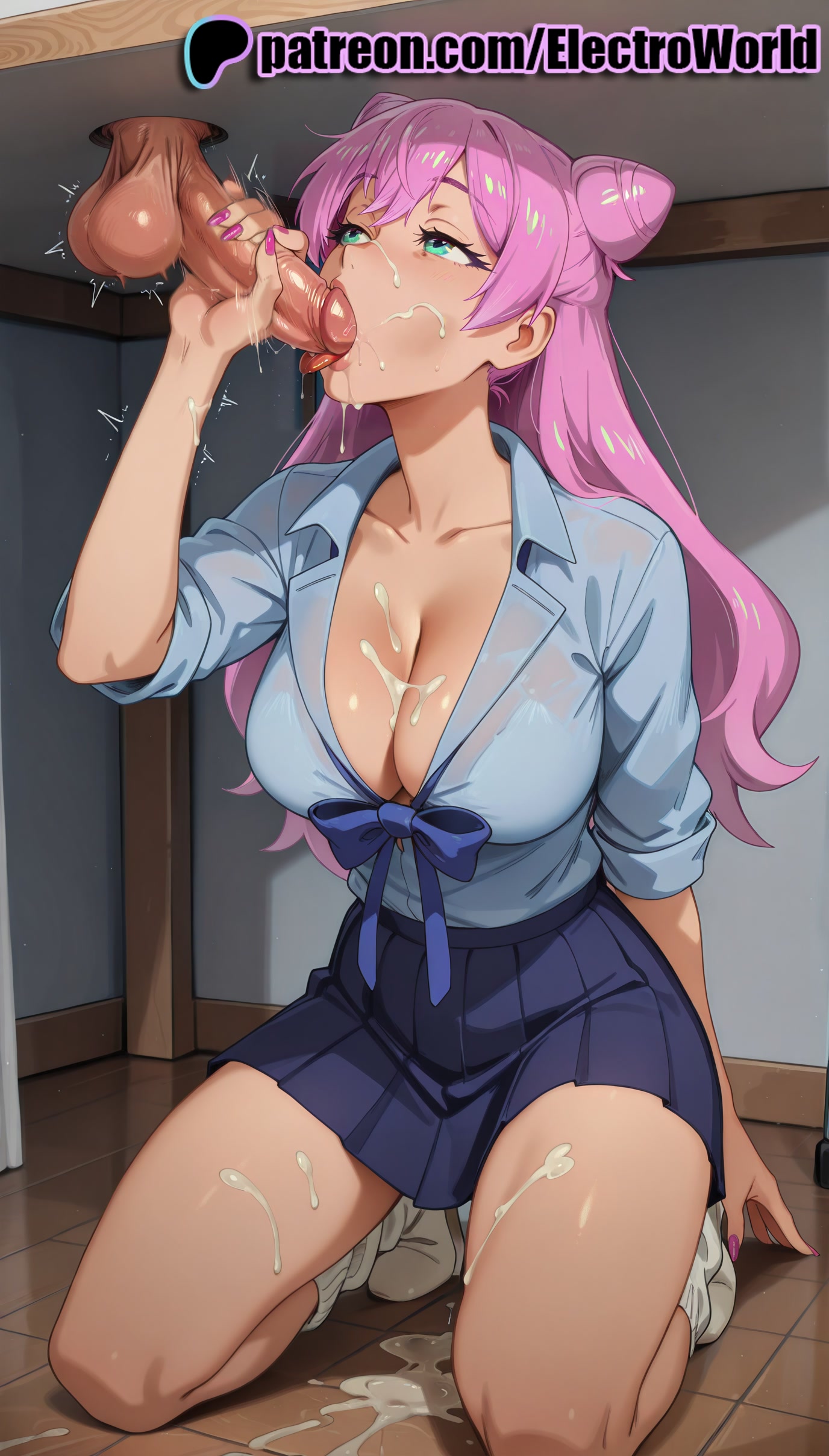 1boy, 1girls, 2025, after fellatio, ai generated, artist name, balls, big breasts, big chest, blowjob, blowjob face, blush, breasts, bust, busty, chest, cleavage, cock, cum, cum in mouth, cum on body, cum on breasts, cum on clothes, cum on hair, cum on hands, cum on penis, cumdrip, dick, ejaculation, electroworld, erection, facial, fellatio, female, fuufu ijou koibito miman, glory hole, gloryhole, green eyes, hi res, high quality, high resolution, highres, huge cock, indoors, kneeling, large breasts, large penis, licking, licking penis, long hair, looking at penis, male, milking table, nail polish, oral, oral sex, patreon, patreon username, penis, penis grab, pink hair, purple nails, shirt, skirt, solo focus, stable diffusion, straight, sucking, testicles, trembling, uncensored, veins, veiny penis, watanabe akari, watermark