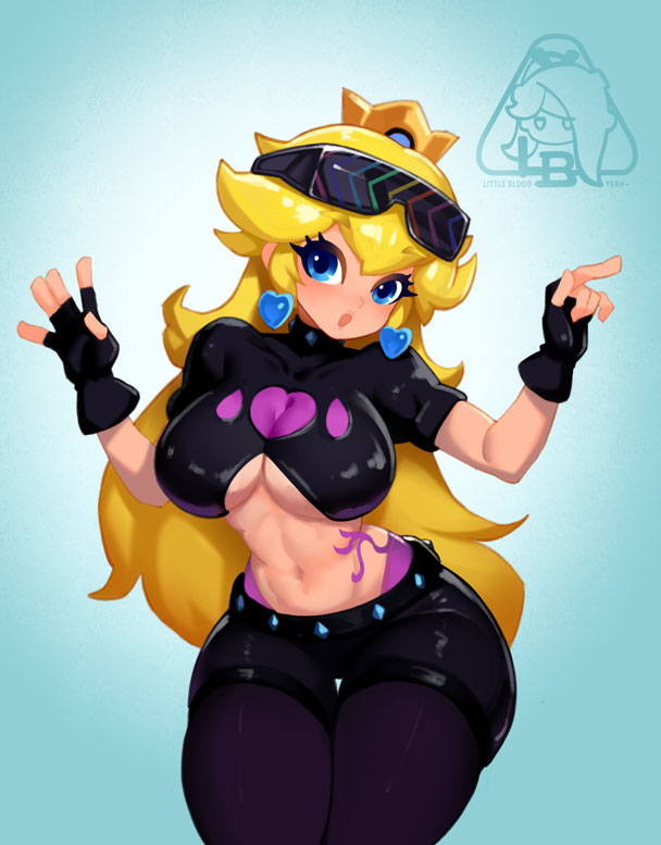 1girls, belt, black gloves, black shirt, black shorts, blonde female, breasts, callie (splatoon) (cosplay), coller, female, female focus, female only, heart earrings, little blood, little123blood, mario (series), nintendo, princess peach, solo female, solo focus, splatoon, splatoon (series), sunglasses, sunglasses on head, super mario bros., underboob