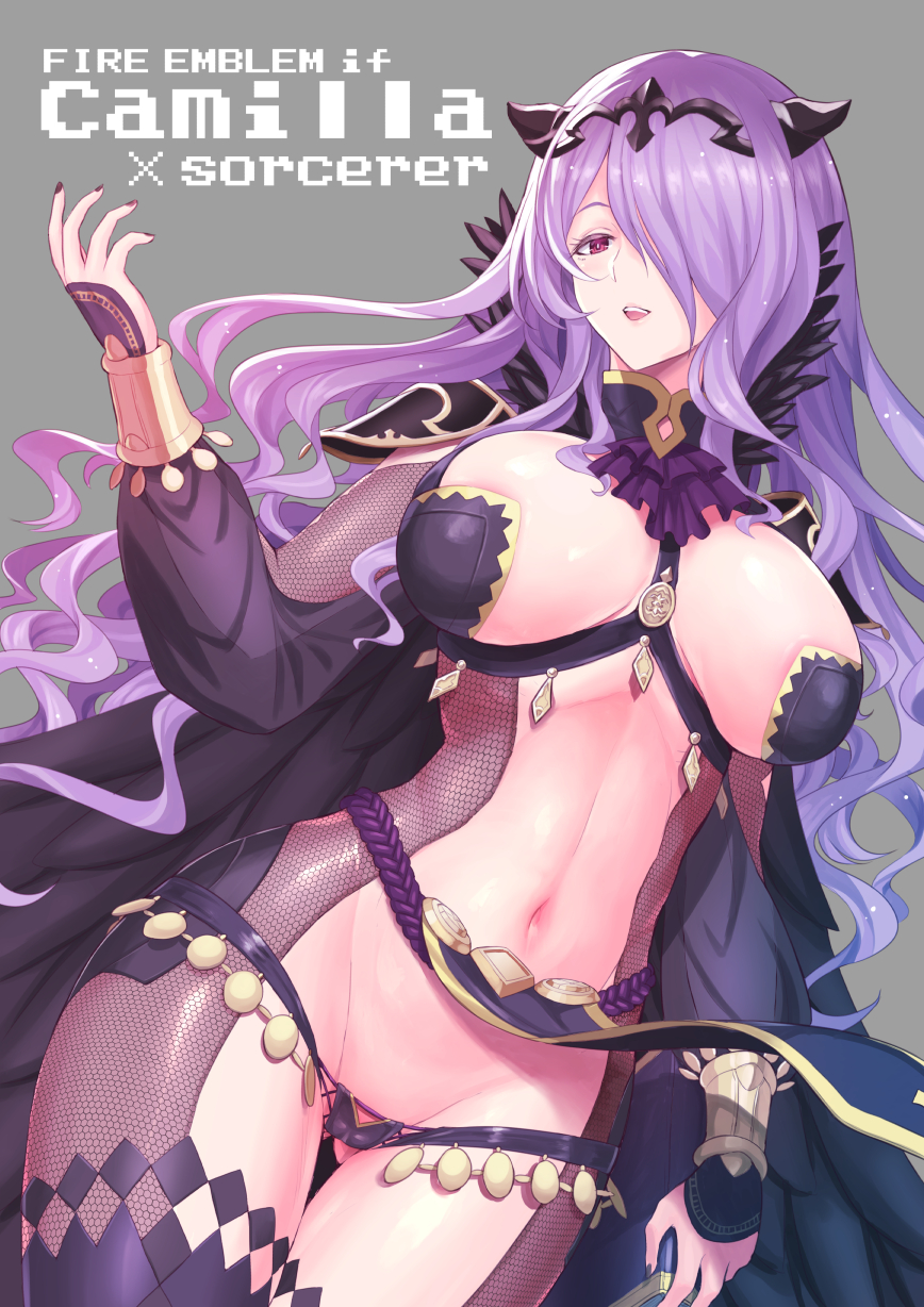 breasts, camilla (fire emblem), cleavage, cover, doujin cover, female, female only, fire emblem, fire emblem fates, fishnet, hourglass figure, large breasts, long hair, navel, nintendo, purple eyes, purple hair, thigh gap
