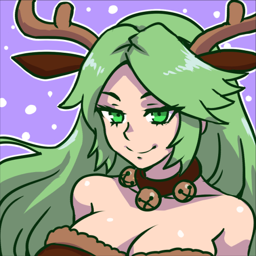 akairiot antlers bare_shoulders bell bell_collar breasts cleavage collar deer_ears deergirl female fully_clothed green_eyes green_hair kid_icarus large_breasts long_hair looking_at_viewer lowres nintendo palutena purple_background reindeer_antlers reindeer_costume simple_background smile snowing solo super_smash_bros. upper_body