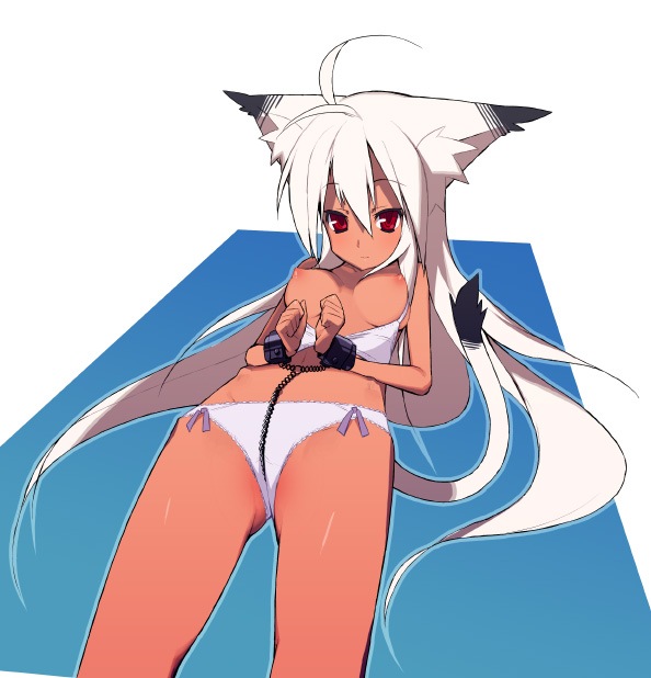 animal_ears bound_hands bound_wrists breasts cat_ears dark_skin fox_ear kokage-san kusaka_kokage nipples original panties red_eyes tail underwear white_hair