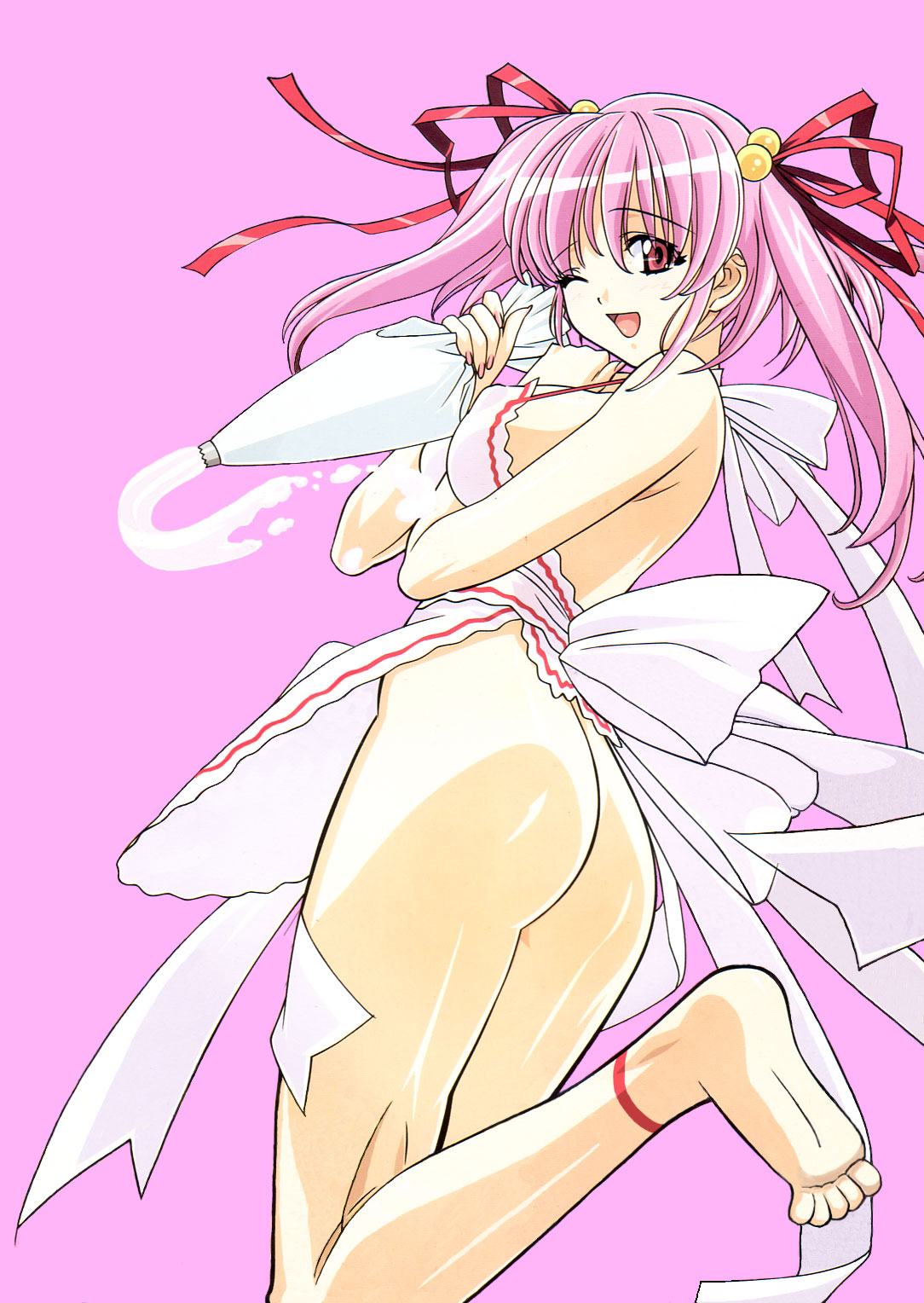 apron ass barefoot breasts copyright_request cream feet highres jewelry kuroda_kazuya naked_apron pink_eyes pink_hair ribbon soles toes