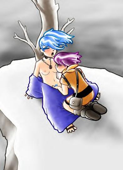 blue_hair breasts chrono_trigger female fingering glasses jewelry lucca_ashtear multiple_girls outdoor_sex pendant purple_hair schala schala_zeal snow tree yuri