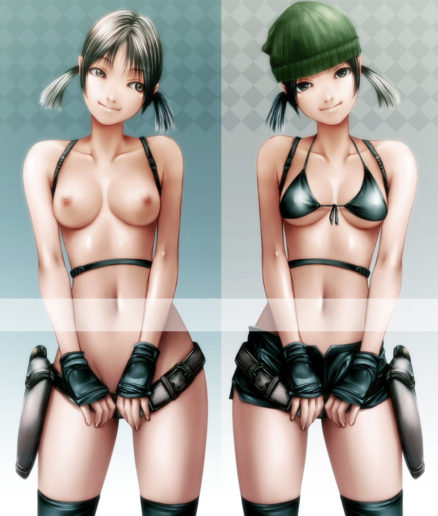 belt bikini bikini_top black_eyes black_hair breasts fingerless_gloves front-tie_top gloves gun hat holster jean_shorts lips navel nipples no_bra no_panties original rezi short_hair shorts swimsuit thighhighs tied_hair twintails weapon