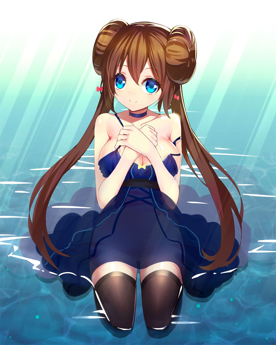 blue eyes, blush, breasts, brown hair, choker, double bun, dress, female, large breasts, long hair, nintendo, no panties, pokemon, pokemon bw2, pussy, ririko (zhuoyandesailaer), rosa (pokemon), see-through, sitting, smile, solo, thighhighs, tied hair, twintails, water