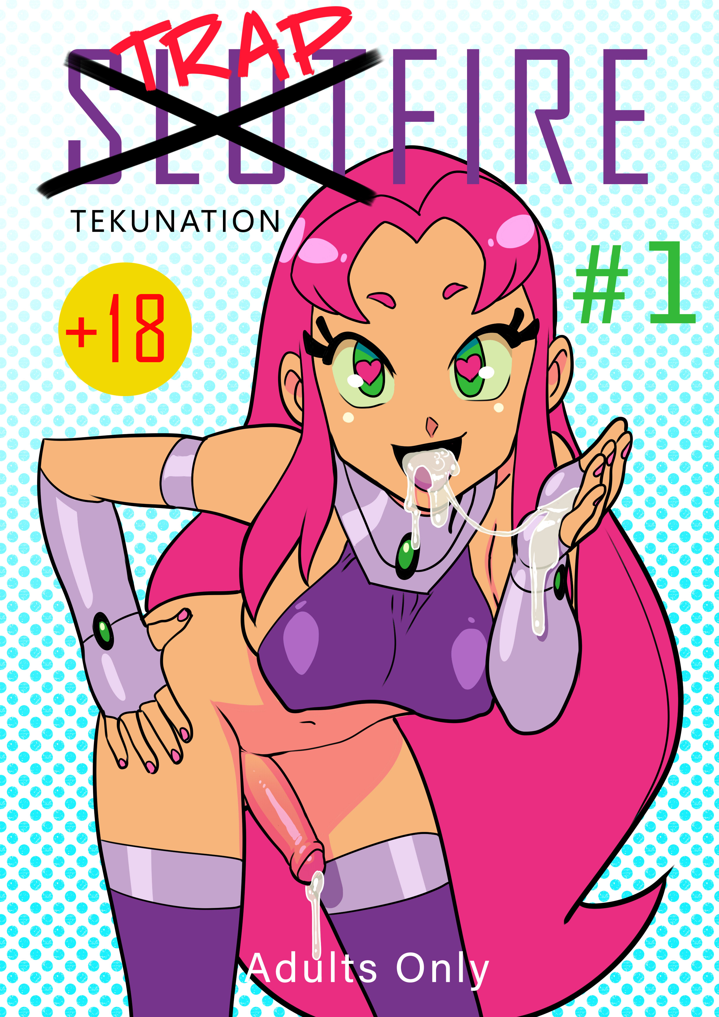 1futa, alien, alien girl, bottomless, breasts, cum, cum in mouth, dc, dc comics, dickgirl, female, footwear, foreskin, futa only, futanari, green eyes, handwear, hanging breasts, heart-shaped pupils, humanoid, humanoid penis, intersex, large breasts, leaning forward, navel, neckwear, nipple bulge, open mouth, orange skin, penis, pink hair, pubic hair, solo, solo futa, starfire, tamaranean, teen titans, teen titans go, teenager, tekuho, thighhighs, tongue, tongue out, uncircumcised, uncut