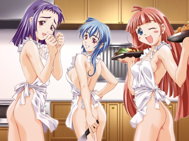 apron ass blue_eyes blue_hair blush breasts come_see_me_tonight food game_cg knife maruto maruto! multiple_girls naked_apron pink_hair purple_hair red_eyes sideboob smile tray watashi_ni_konya_ai_ni_kite wink yuuki_kobato yuuki_misago yuuki_tsugumi