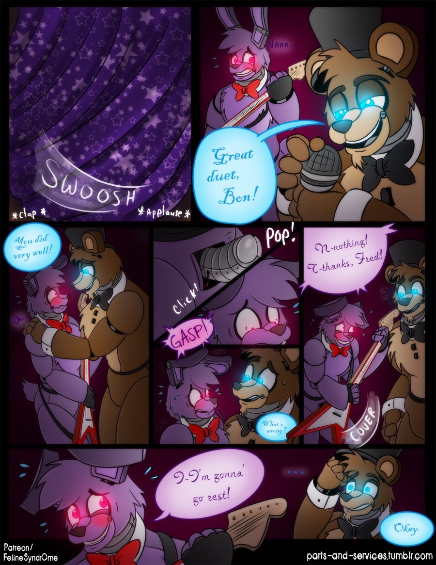 ... blue_eyes blush bonnie_(fnaf) bow_tie comic curtains dialogue embarrassed erection felinesyndr0me five_nights_at_freddy's freddy_(fnaf) guitar machine microphone musical_instrument penis red_eyes text video_games watermark