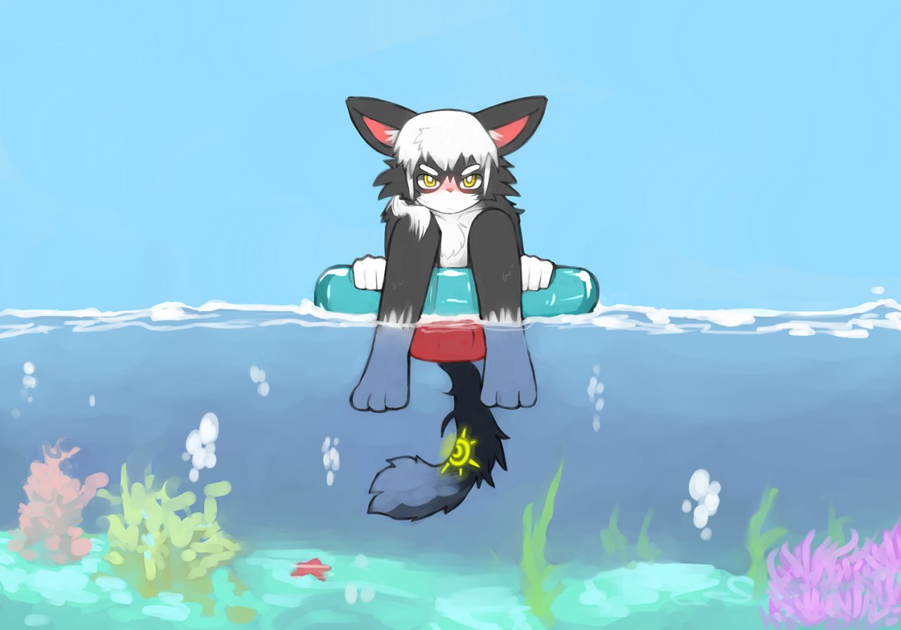 1boy annoyed anthro blush clothing feline floating inner_tube kay_(whiteleo) looking_at_viewer male male_only mammal sea solo swimming_trunks swimsuit water whiteleo young