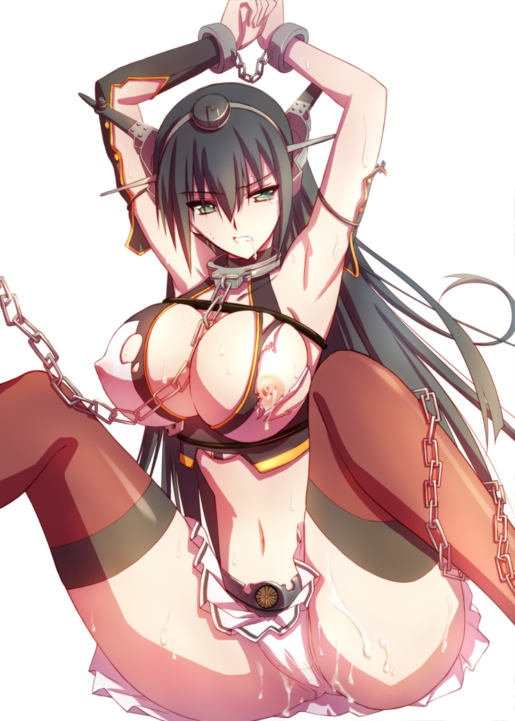 armpits arms_up black_hair bondage bound bound_wrists breasts chains collar collarbone cum cum_on_ass cum_on_body cum_on_lower_body elbow_gloves female gloves green_eyes kantai_collection lactation large_breasts long_hair miniskirt nagato_(kantai_collection) navel panties restrained saliva serizawa_katsumi skirt solo spread_legs sweat thighhighs torn_clothes underwear zettai_ryouiki