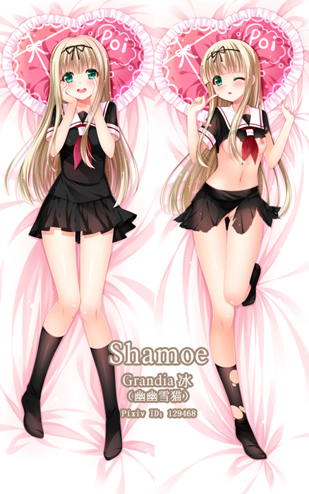 artist_name ascot bed_sheet black_legwear black_serafuku blonde_hair blush breasts breasts_out dakimakura female finger_to_cheek grandia_bing green_eyes hair_ribbon hands_on_own_cheeks hands_on_own_face heart heart_pillow kantai_collection long_hair multiple_views nipples no_bra no_panties one_eye_closed open_mouth pillow poi pussy ribbon school_uniform serafuku sheet_grab shirt skirt small_breasts socks torn_clothes torn_shirt torn_skirt torn_socks yuudachi_(kantai_collection)