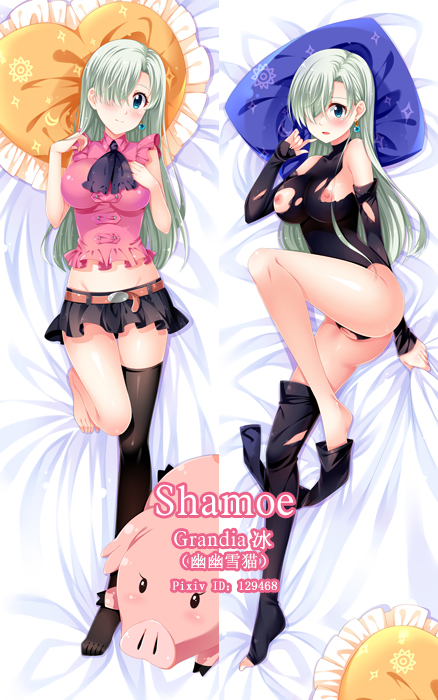 artist_name bed_sheet black_legwear blue_eyes blush breasts dakimakura detached_sleeves earrings elizabeth_liones female grandia_bing hair_over_one_eye heart heart_pillow jewelry large_breasts leotard long_hair lying midriff miniskirt multiple_views nanatsu_no_taizai nipples on_back on_side pig pillow pussy sheet_grab silver_hair single_thighhigh skirt smile thighhighs thighhighs_removed toeless_socks torn_clothes torn_leotard torn_sleeves torn_thighhighs waitress_uniform