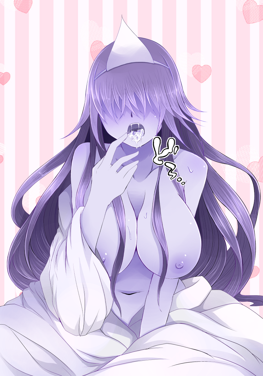 arano_oki breasts collarbone cum cum_in_mouth female hair_ornament hair_over_eyes heart highres japanese_clothes kimono kimono_pull large_breasts long_hair navel nipples okiku_(banchou_sarayashiki) open_clothes open_kimono open_mouth pale_skin purple_hair sitting solo striped striped_background touhou very_long_hair yukata