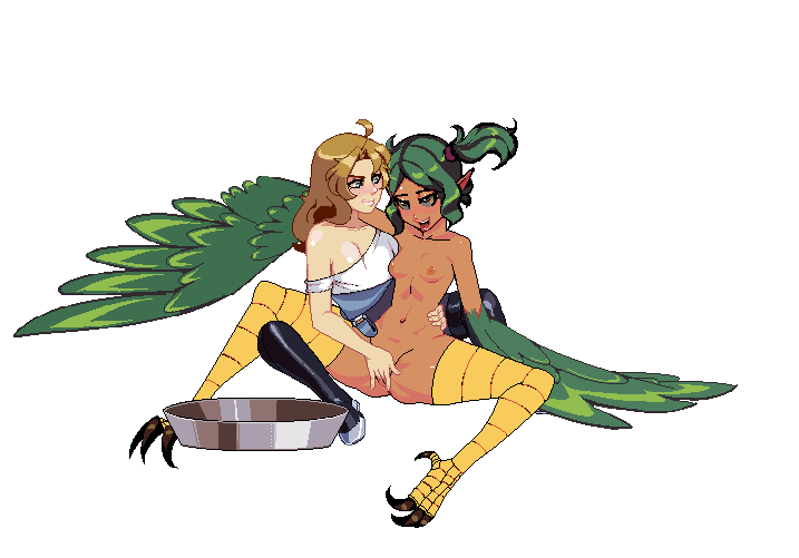 2girls avian blonde_hair boots breasts breeding_season claws female female_only fingering footwear green_eyes green_hair hair harpy human humanoid legwear mammal multiple_girls naked navel nipples nude nude_female open_mouth s-purple simple_background small_breasts smile spread_legs spreading talons thigh_highs toe_claws yuri