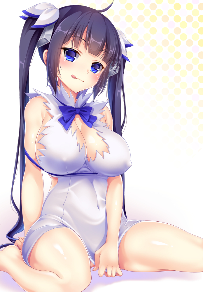 :q black_hair blue_eyes breasts cleavage covered_navel dungeon_ni_deai_wo_motomeru_no_wa_machigatteiru_darou_ka female hair_ribbon hestia_(danmachi) large_breasts long_hair looking_at_viewer rei_no_himo ribbon shura_no_suke sitting solo tied_hair tongue tongue_out twintails wariza