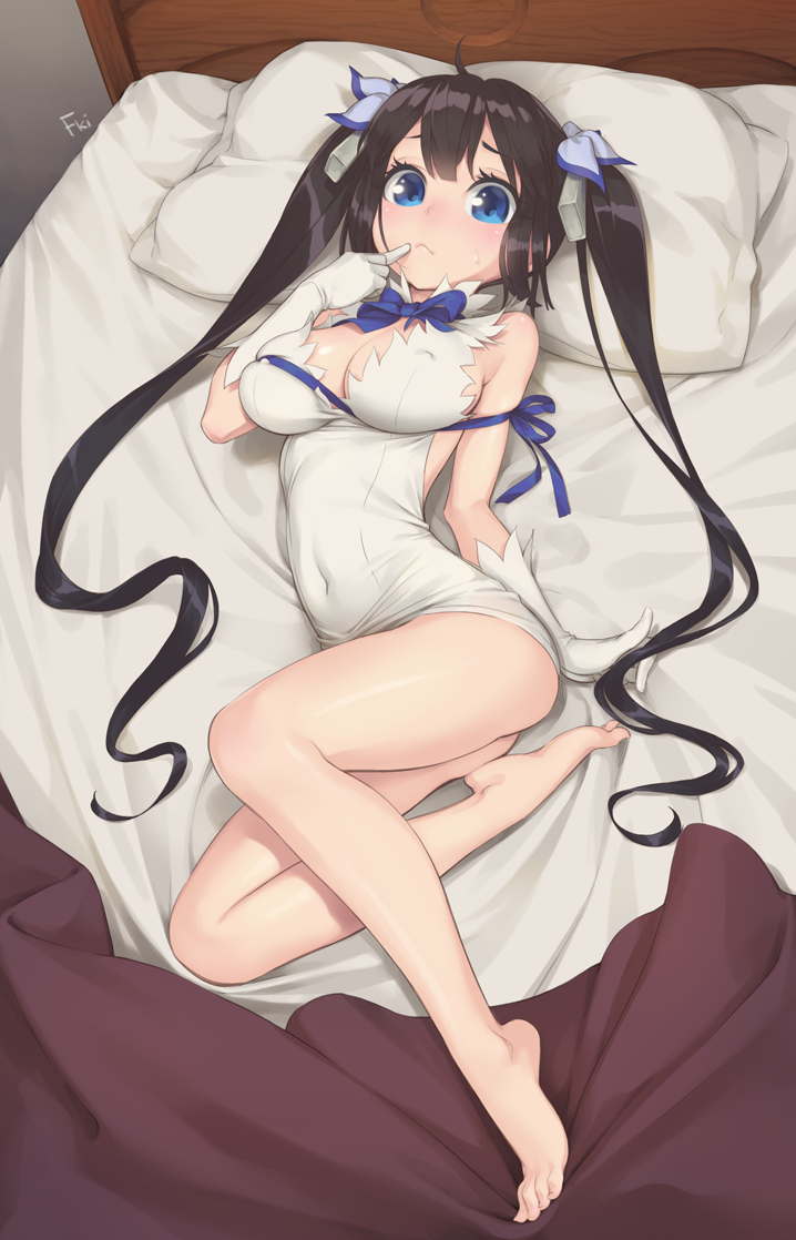 arm ribbon, barefoot, bed, black hair, blue eyes, blush, breasts, cleavage, covered navel, dress, dungeon ni deai wo motomeru no wa machigatteiru darou ka, erect nipples, error, feet, female, finger to mouth, fishkitty, full body, gloves, hair ornament, hestia (danmachi), large breasts, legs, long hair, long legs, lying, nipples, on back, rei no himo, ribbon, solo, tied hair, toes, twintails