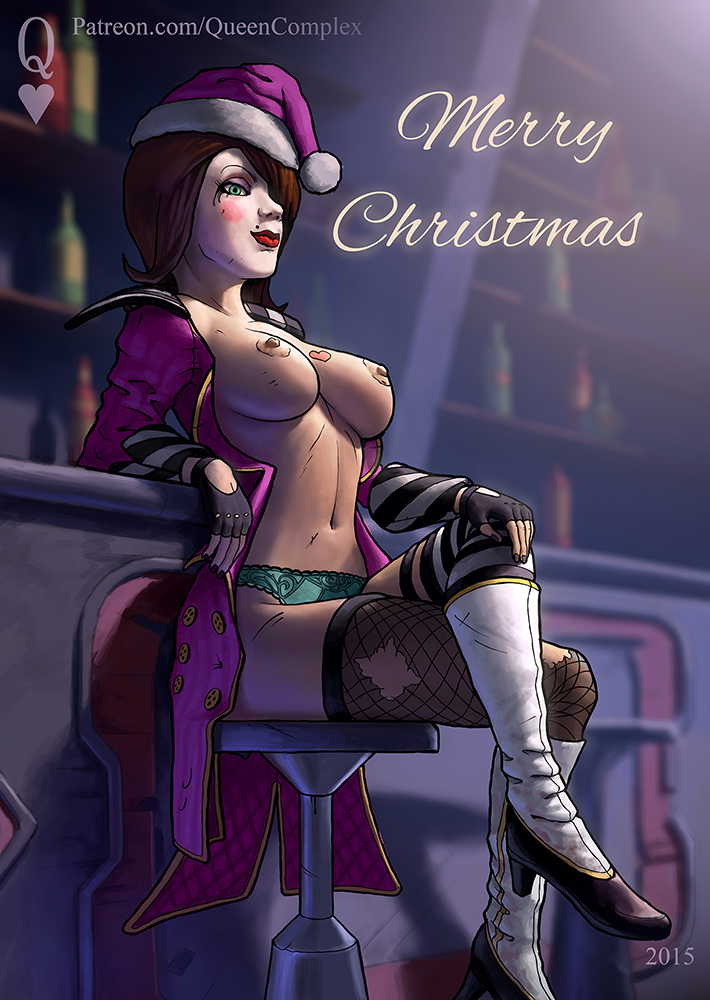 1girls, 2015, 2d, bar, beauty mark, borderlands, borderlands 2, breasts, christmas, crossed legs, english text, exposed breasts, facepaint, female, female only, fingerless gloves, fishnets, gloves, heart tattoo, high heel boots, jacket, legwear, lipstick, looking at viewer, mad moxxi, makeup, nipples, no source, panties, queencomplex, running mascara, runny makeup, santa hat, sitting, solo, solo female, stockings, stool, tattoo, tattoo on breast, text