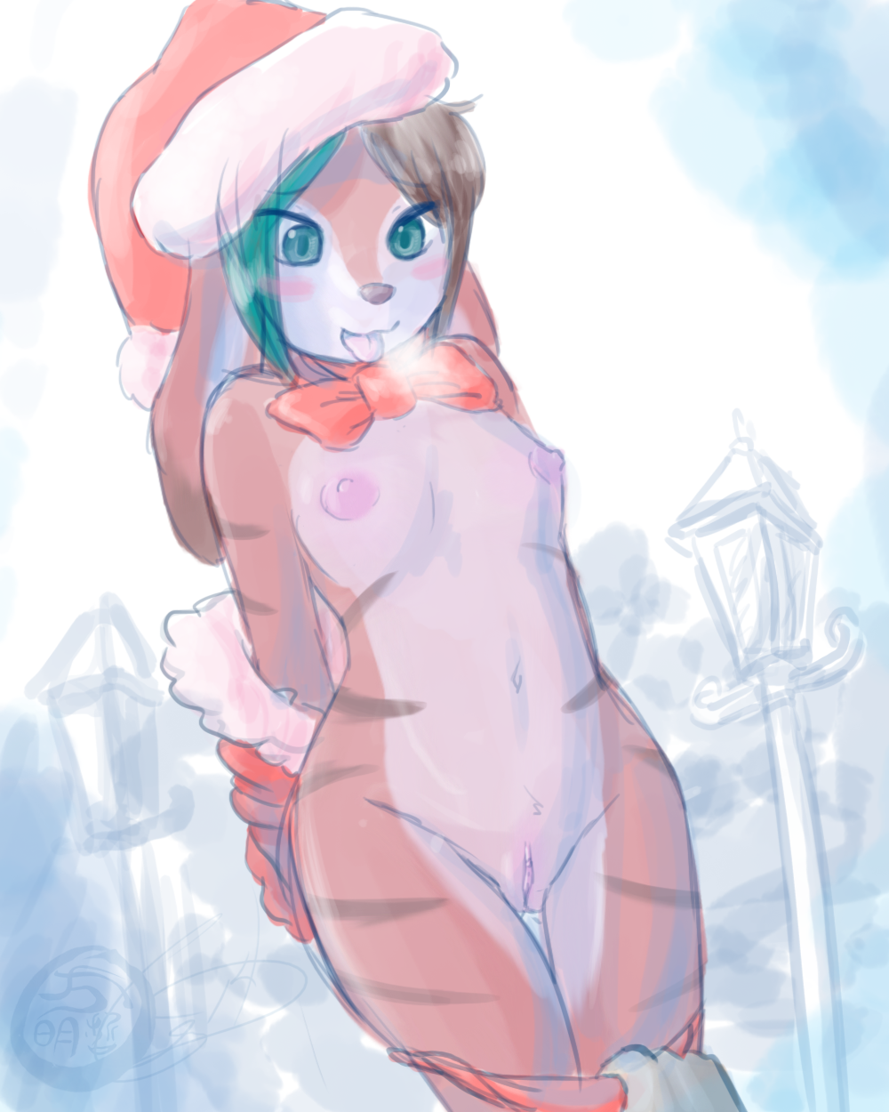 anthro blush bow breasts brown_fur brown_hair cainethelongshot christmas clothing disembodied_hand exhibitionism ezzie female fur green_eyes green_hair hair hat holidays hoodie lagomorph looking_at_viewer lop lop_eared mammal markings mostly_nude multicolored_hair nipples outside panties panties_down panty_pull pussy rabbit santa_hat short_hair simple_background small_breasts solo_focus standing street_lamp stripes tongue tongue_out two_tone_hair underwear undressing