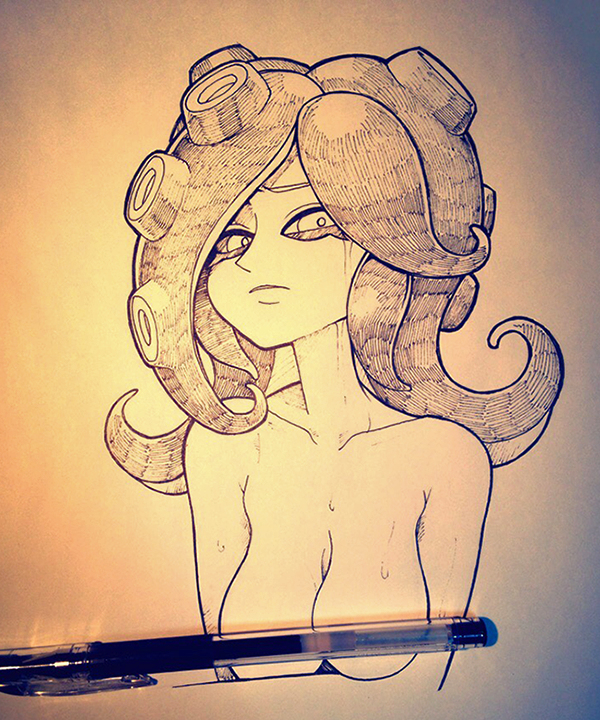 bad censor, breasts, censored, cephalopod, cephalopod humanoid, covered nipples, covering, female, mask (marking), nintendo, octarian, octoling, octoling girl, octoling rival, octopus, solo, splatoon, splatoon (series), splatoon: octo valley, tentacle, tentacle hair, yuta agc