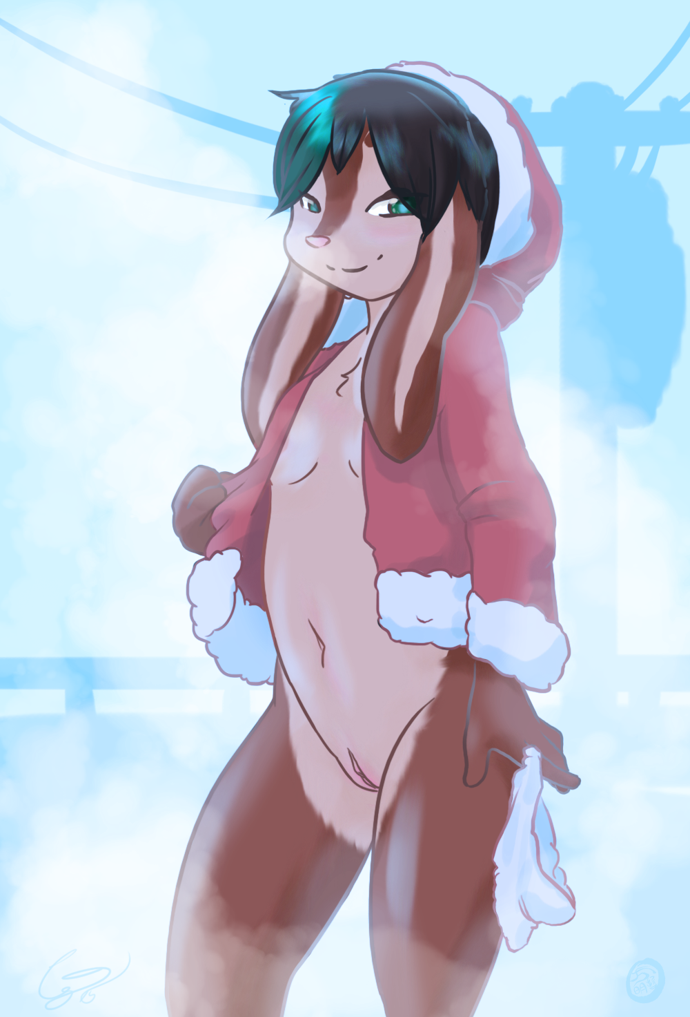 2015 anthro blue_eyes blush bottomless breasts brown_fur cainethelongshot christmas clothed clothing ezzie female fur green_eyes hair half-dressed holidays hood lagomorph looking_at_viewer lop lop_eared mammal markings outside panties presenting pussy rabbit short_hair simple_background smile smirk snow solo standing underwear undressing young