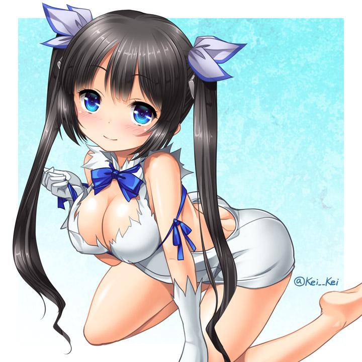 bangs, bare legs, barefoot, black hair, blue eyes, blush, breasts, cleavage, dungeon ni deai wo motomeru no wa machigatteiru darou ka, female, gloves, gradient background, hair ornament, hair ribbon, hestia (danmachi), jpeg artifacts, kei kei, kneeling, long hair, long twintails, looking at viewer, rei no himo, ribbon, smile, solo, tied hair, twintails, very long hair, white gloves