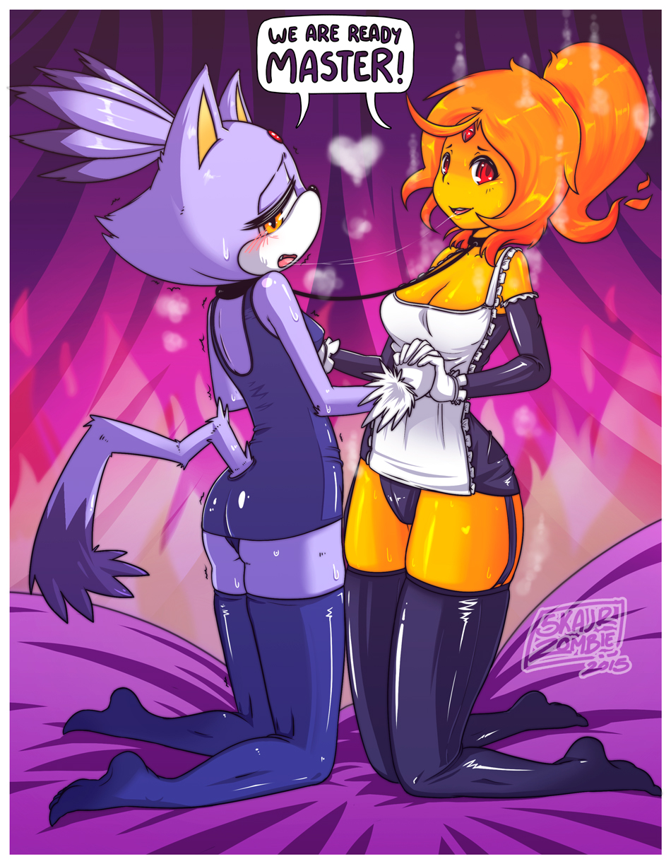 2girls, adventure time, anthro, apron, ass, bi domination, bisexual, black legwear, blaze the cat, bondage, bound together, breasts, breath, cartoon network, cleavage, collar, crossover, dress, elbow gloves, feline, female, femsub, fiery hair, fire elemental, flame princess, forehead jewel, frilled apron, frilled gloves, frills, fur, furry, garter straps, gloves, happy sub, heart, interlocked fingers, kneeling, leash, linked collar, looking at viewer, maid, multiple females, multiple girls, multiple subs, open mouth, orange skin, ponytail, purple fur, purple hair, purple legwear, red eyes, saliva, saliva trail, sega, short dress, short hair, skajrzombie, smile, sonic (series), sonic the hedgehog (series), sweat, tail, thighhighs, tied hair, yellow eyes, yellow skin, yuri