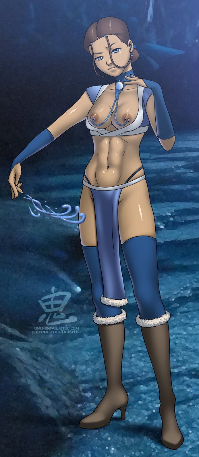 1girls, areolae, avatar the last airbender, breasts, choker, clothing, curvy, dark skin, dark-skinned female, erect nipples, female, female only, high heel boots, high heels, hourglass figure, human, katara, loincloth, medium breasts, muscular, muscular female, navel, nipple piercing, nipple rings, nipples, no bra, oni (artist), panties, pelvic curtain, piercing, skirt, smiling, solo, stockings, straight hair, thigh highs, toned, toned female, water, waterbending
