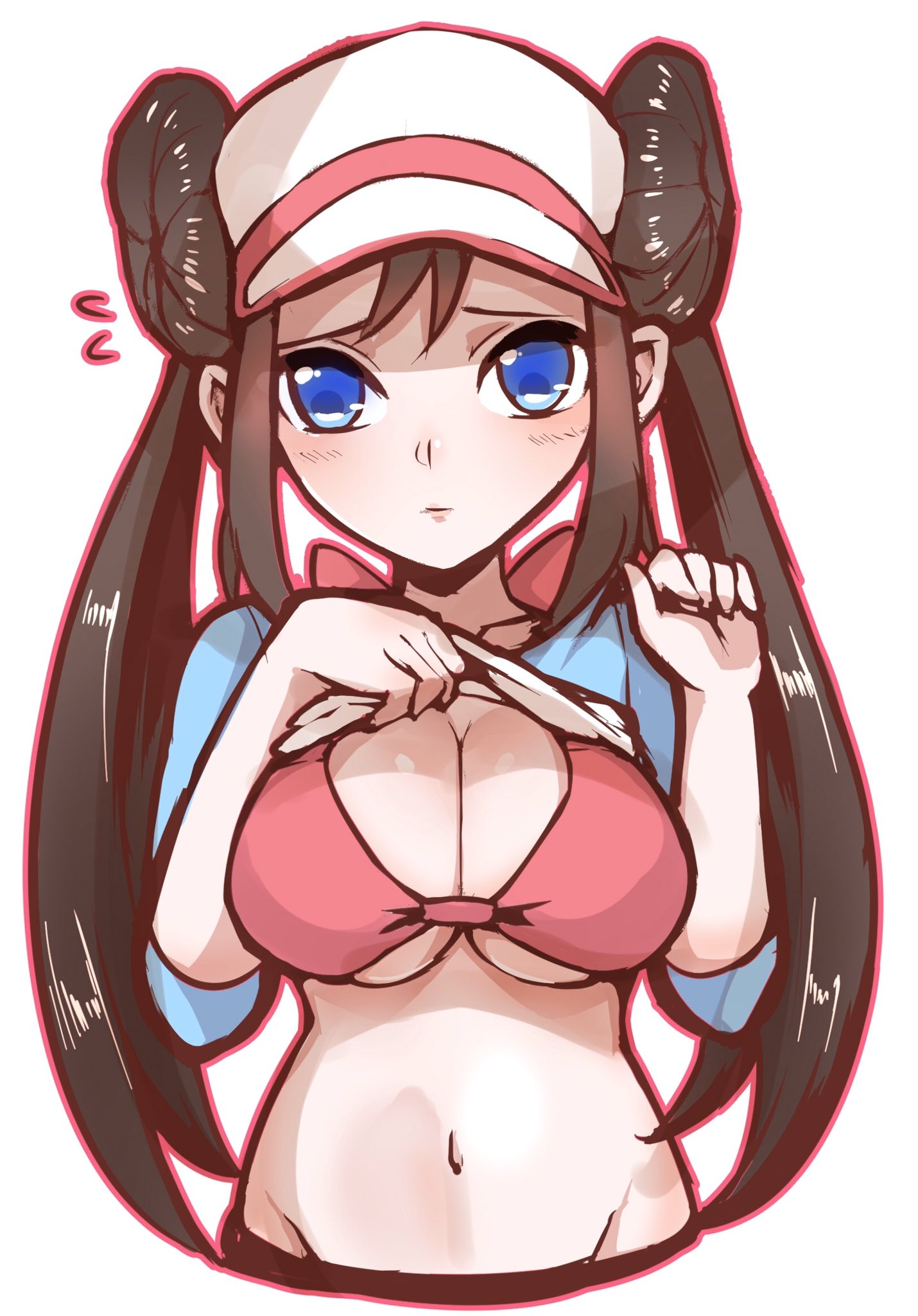 1girls, belly, big breasts, blue eyes, bra, breasts, brown hair, cleavage, double bun, eye contact, female, female only, human, large breasts, long hair, looking at viewer, midriff, navel, nintendo, pokemon, pokemon bw2, rosa (pokemon), solo, tinnies, twintails, underboob