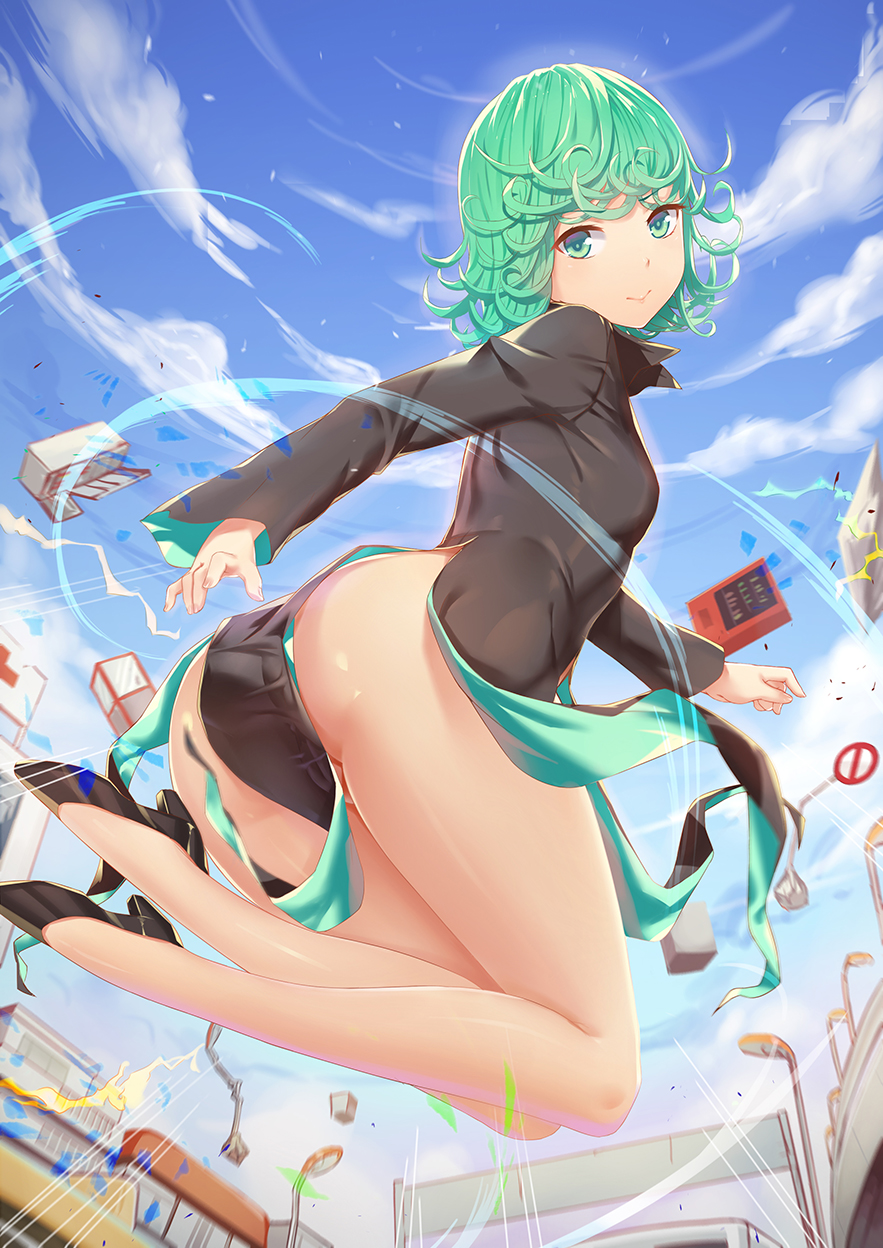 1girls ass bare_legs black_dress blue_sky bottomless cloud dress female female_only green_eyes green_hair grey_hair high_heels human long_sleeves looking_at_viewer no_panties no_socks one-punch_man pelvic_curtain psychic road_sign shoes shoutai_(7490773) side_slit sign sky small_breasts smile solo tatsumaki