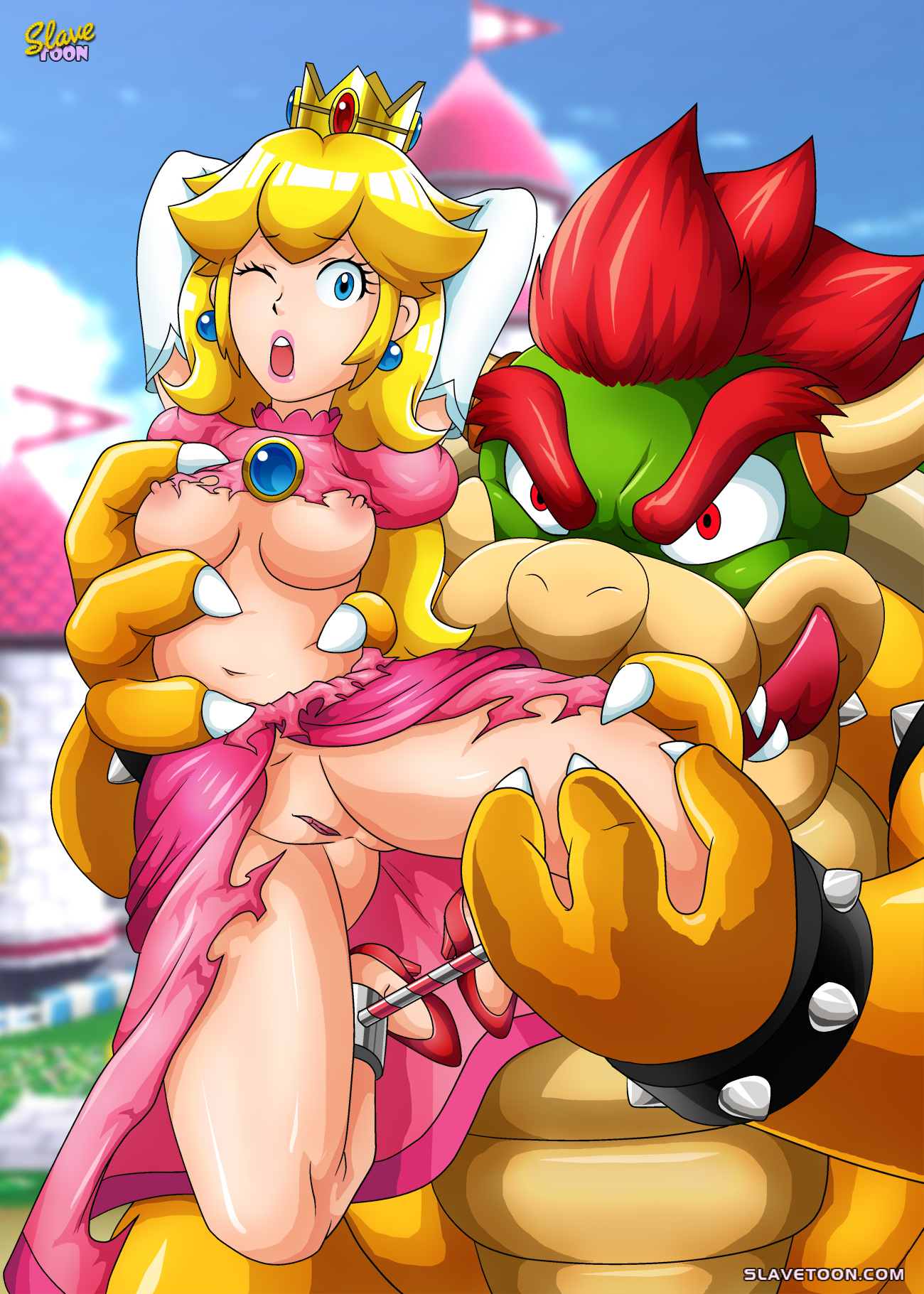 1boy, 1girls, bbmbbf, blush, bondage, bowser, breasts, female, human, long hair, male, mario (series), nintendo, outdoors, palcomix, princess peach, pussy, rape, restrained, slavetoon, straight, super mario bros., tagme