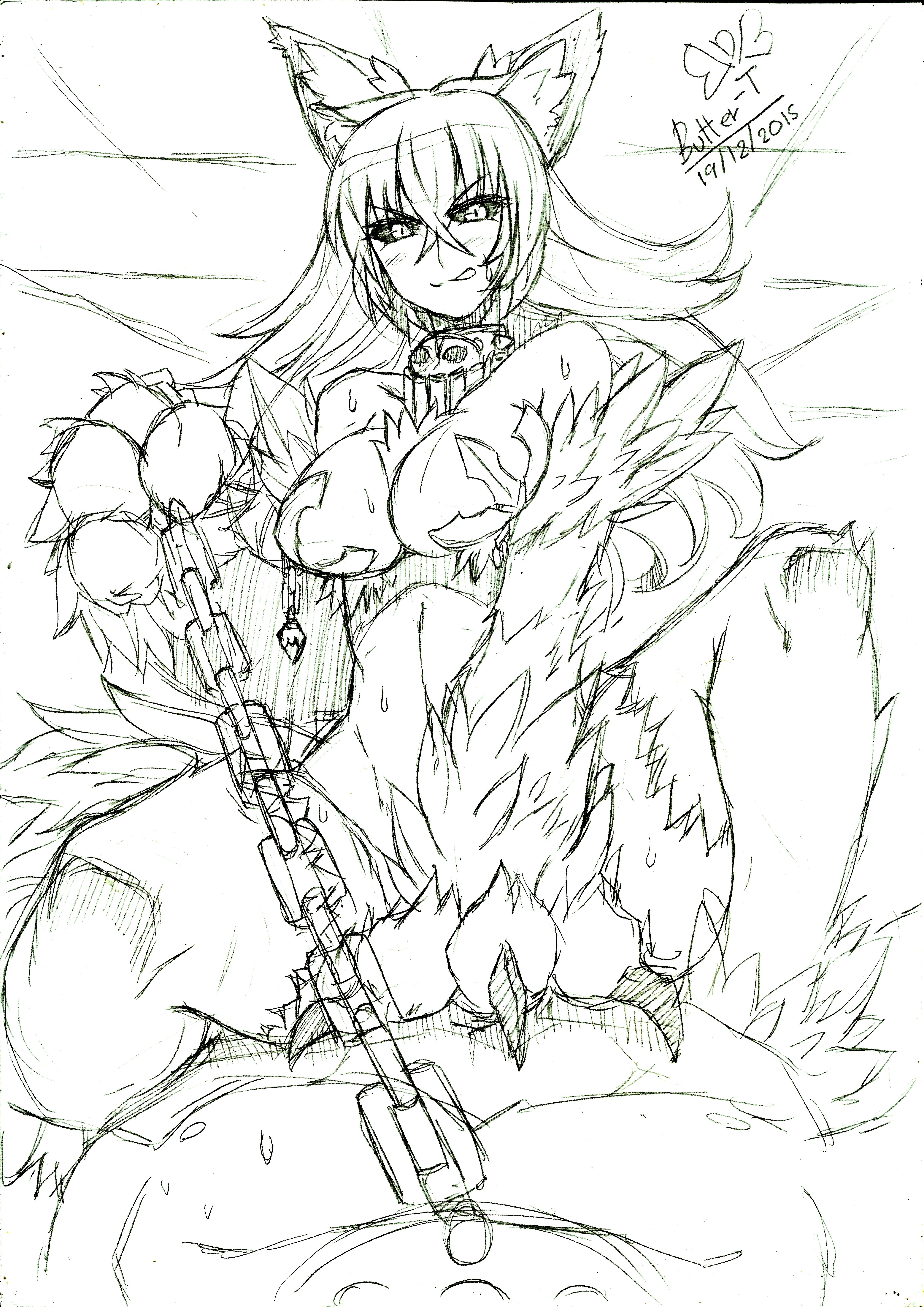 1boy, 1girls, animal ears, animal hands, animal legs, black sclera, breasts, butter-t, chain, chains, claws, collar, dated, dominant, dominant female, female, femdom, fur, hair, hellhound, hellhound (monster girl encyclopedia), long hair, male, male pov, midriff, monochrome, monster girl, monster girl (genre), monster girl encyclopedia, pov, sex, sketch, submissive, submissive male, submissive pov, thighs, watermark