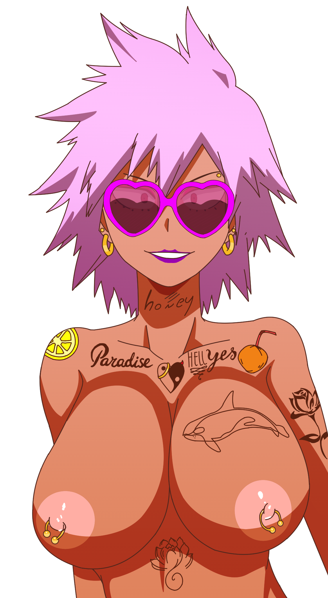big breasts, breast piercing, breasts, female, female only, gyaru, milf, mitsuki bakugou, my hero academia, nude, nude female, phoebusad, piercing, pink hair, sunglasses, tattoo, tattoos