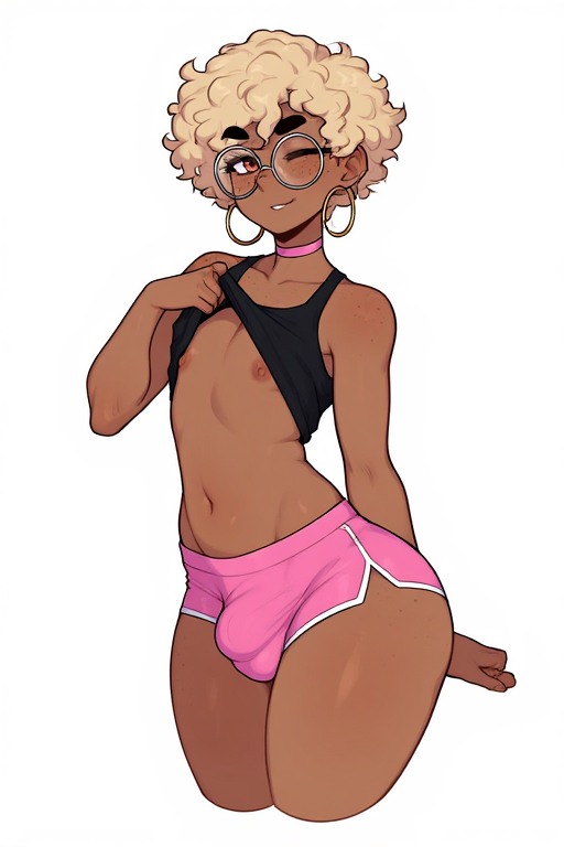 ai generated, black tank top, blonde hair, choker, dark skin, dark-skinned femboy, dark-skinned male, femboy, freckles, glasses, nipples, penis bulge, pink choker, pink shorts, smiling, smiling at viewer, wavy hair