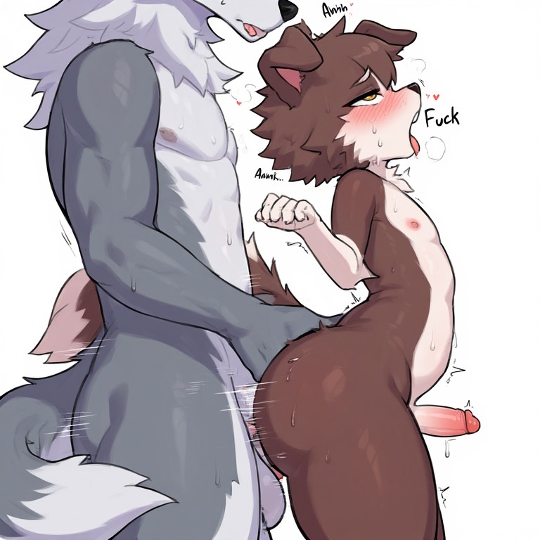ai generated, anal, anal sex, anthro, balls, big ass, big booty, big penis, big thighs, blush, border collie, brown fur, canid, canine, canis, cock, cute, domestic dog, femboy, from behind, furry, gay, grey fur, horny, legoshiboy, male, male/male, medium penis, nude, penetration, penetration from behind, penis, penis size difference, smaller male, sweat, sweaty, thick butt, thick legs, thick thighs, wolf
