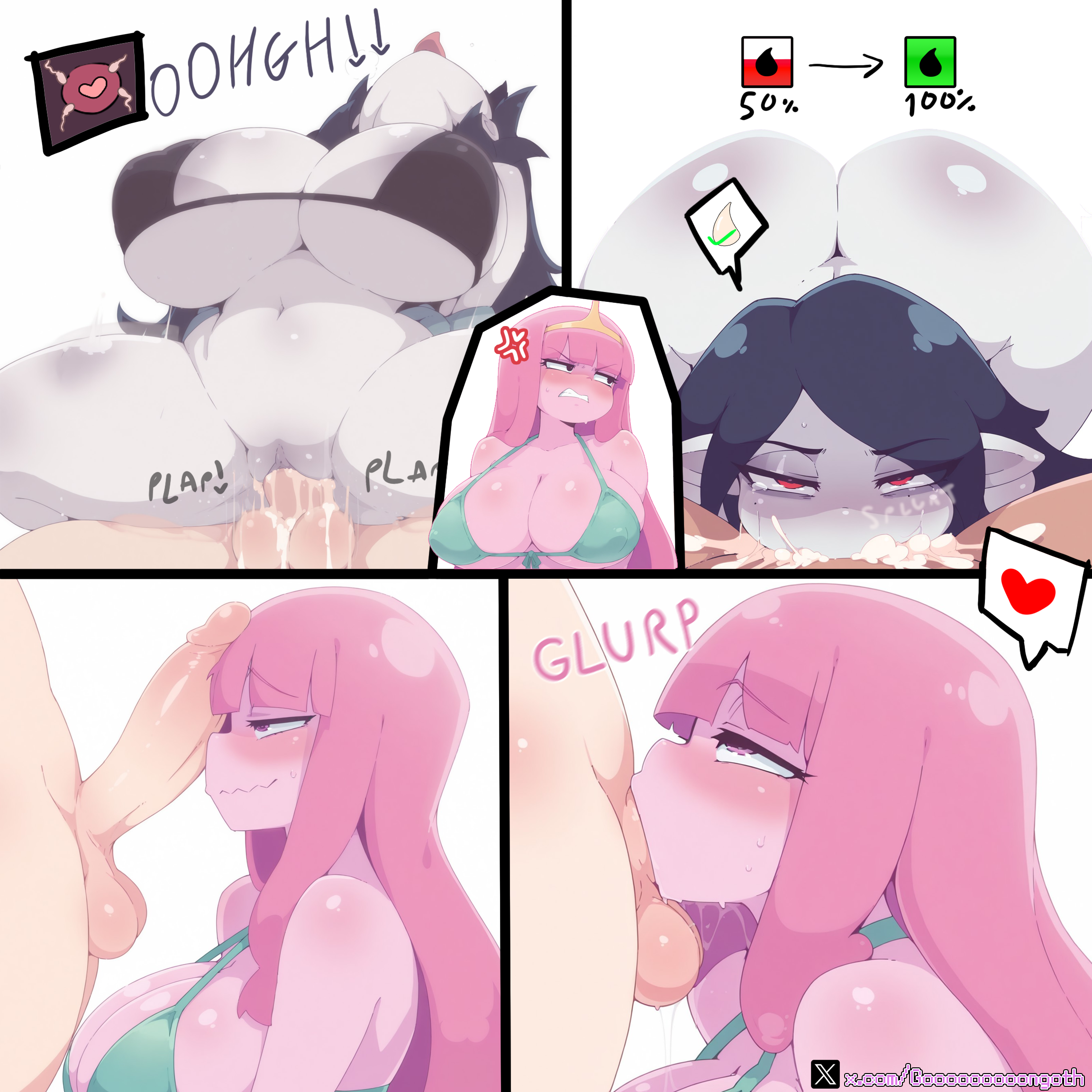 adventure time, ai generated, angry face, angry vein, black bikini, black hair, cum drip, cum in mouth, cum in pussy, deep penetration, deepthroat, finn the human, green bikini, huge breasts, large ass, marceline, marceline abadeer, micro bikini, penis on face, princess bubblegum, sound effects, spoken heart, tear