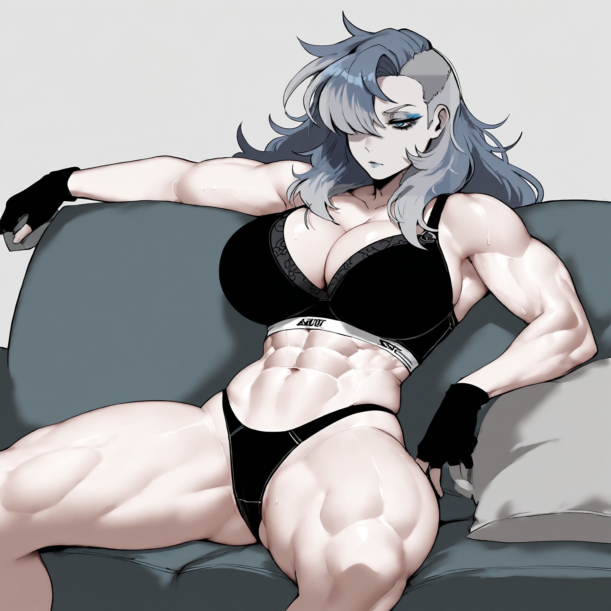 1girls, abs, ai generated, blue hair, gloves, grey hair, huge breasts, limbus company, multicolored hair, muscular female, procyon ai, project moon, sports bra, thick thighs, wide hips, wolf (limbus company)
