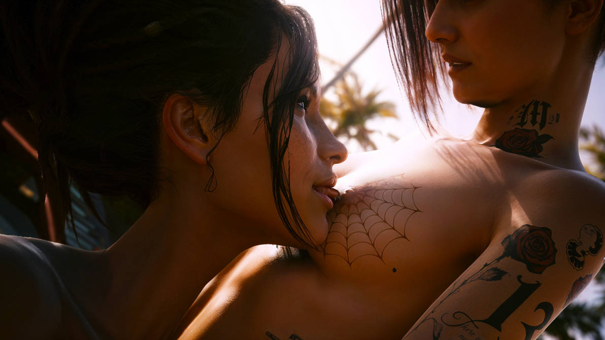 2girls, 3d, cd projekt red, cyberpunk 2077, female, female only, judy alvarez, latina, latina female, licking nipple, nude, nude female, panam palmer, red-arnage, tattoo, yuri