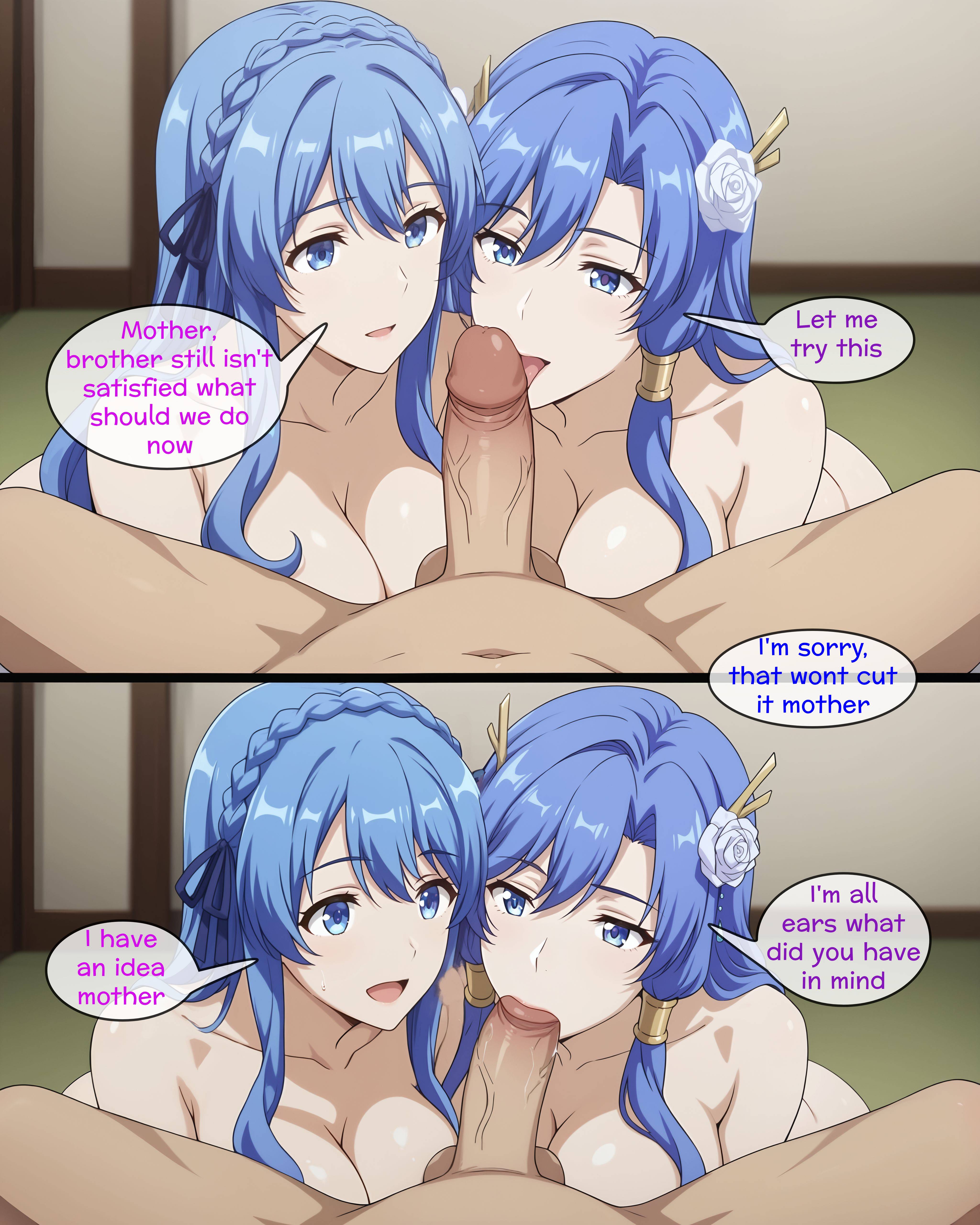 2girls, 2girls1boy, ai generated, antlers, balls, big breasts, big penis, blowjob, blowjob face, blue eyes, blue hair, blush, breasts, brother and sister, comic, comic page, curvaceous female, cute, double blowjob, double fellatio, dragon antlers, dragon girl, english, english text, excel walter, feet, feet fetish, female, ffm threesome, first person view, flower in hair, foot fetish, genjitsu shugi yuusha no oukoku saikenki, group sex, hair ornament, hipnosis, horns, incest, juna doma, licking, licking penis, light skin, light-skinned female, mature, mature female, milf, mind control, mother, mother and children, mother and son, nipples, nude female, oral, oral sex, penis, penis in mouth, perfect body, pov, seductive, seductive look, sexy female, sister and brother, sisters, speech bubble, sucking, sucking penis, uncensored, very long hair