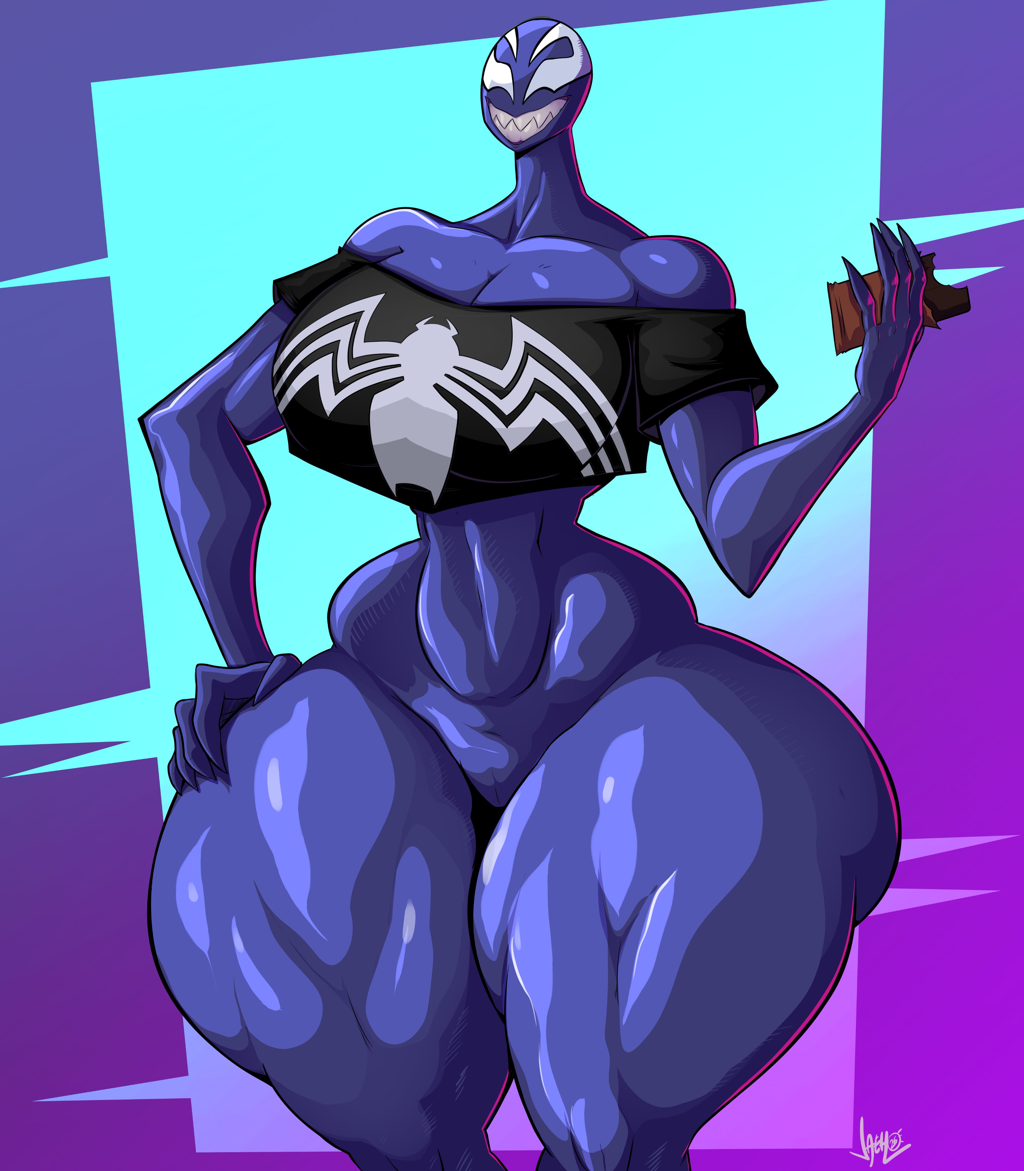 1girls, big breasts, bottom heavy, chocolate, jaeh, jaehthebird, large thighs, marvel, marvel comics, muscular legs, sharp teeth, she-venom, spider-man (series), thick thighs, wide hips
