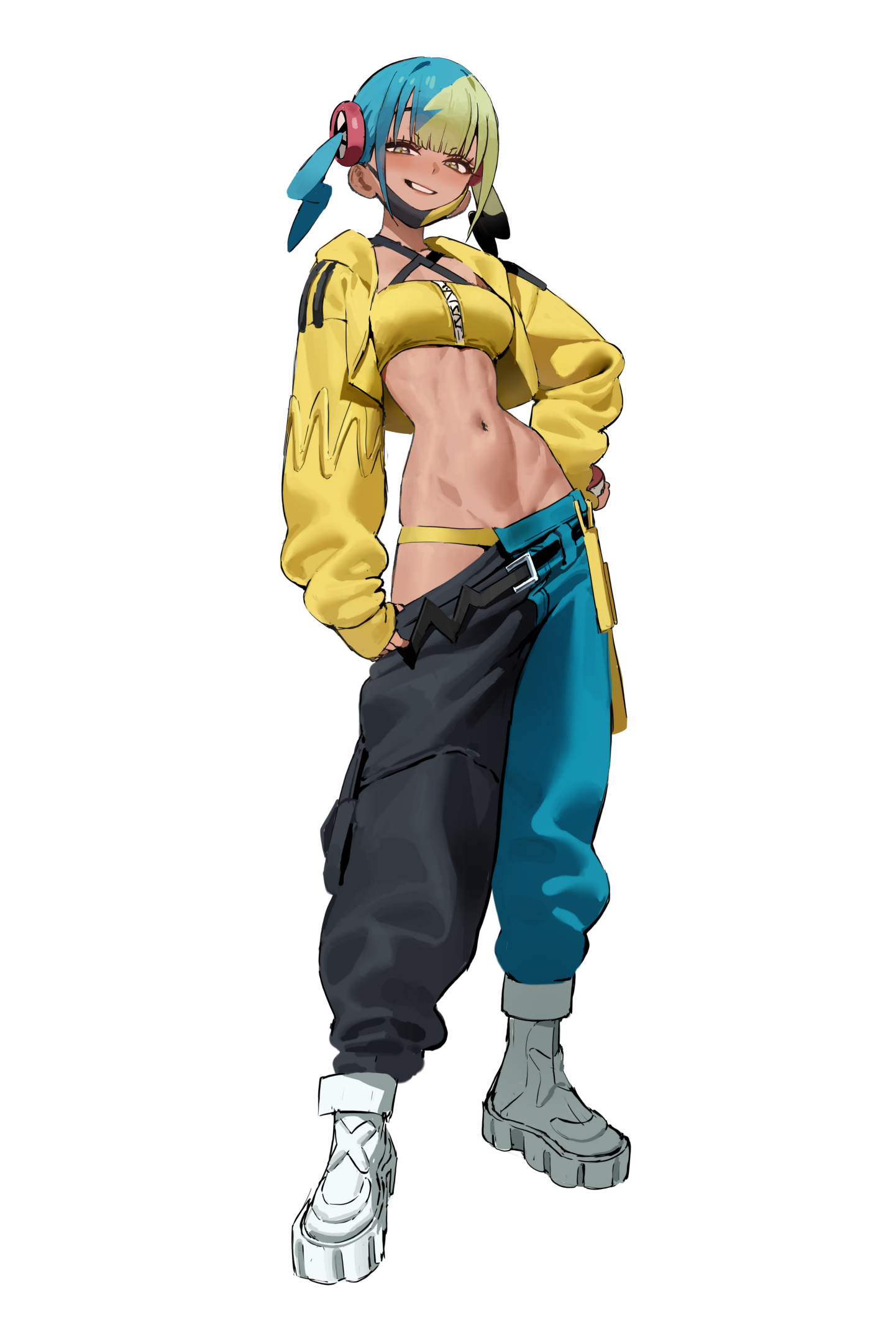 1girls, bandeau, belt, black pants, blonde hair, blue hair, blue pants, blush, breasts, canari (pokemon), canary (pokemon), clothes pull, dark skin, dark-skinned female, female, female only, full body, grin, groin, highres, jacket, long sleeves, looking at viewer, mask, medium breasts, medium hair, mouth mask, multicolored hair, mx2j, mx2j (nsh6394), navel, nintendo, pants, pokemon, pokemon legends: z-a, purple eyes, shoes, smile, sneakers, solo, split-color hair, twintails, two-tone mask, two-tone pants, yellow bandeau, yellow jacket