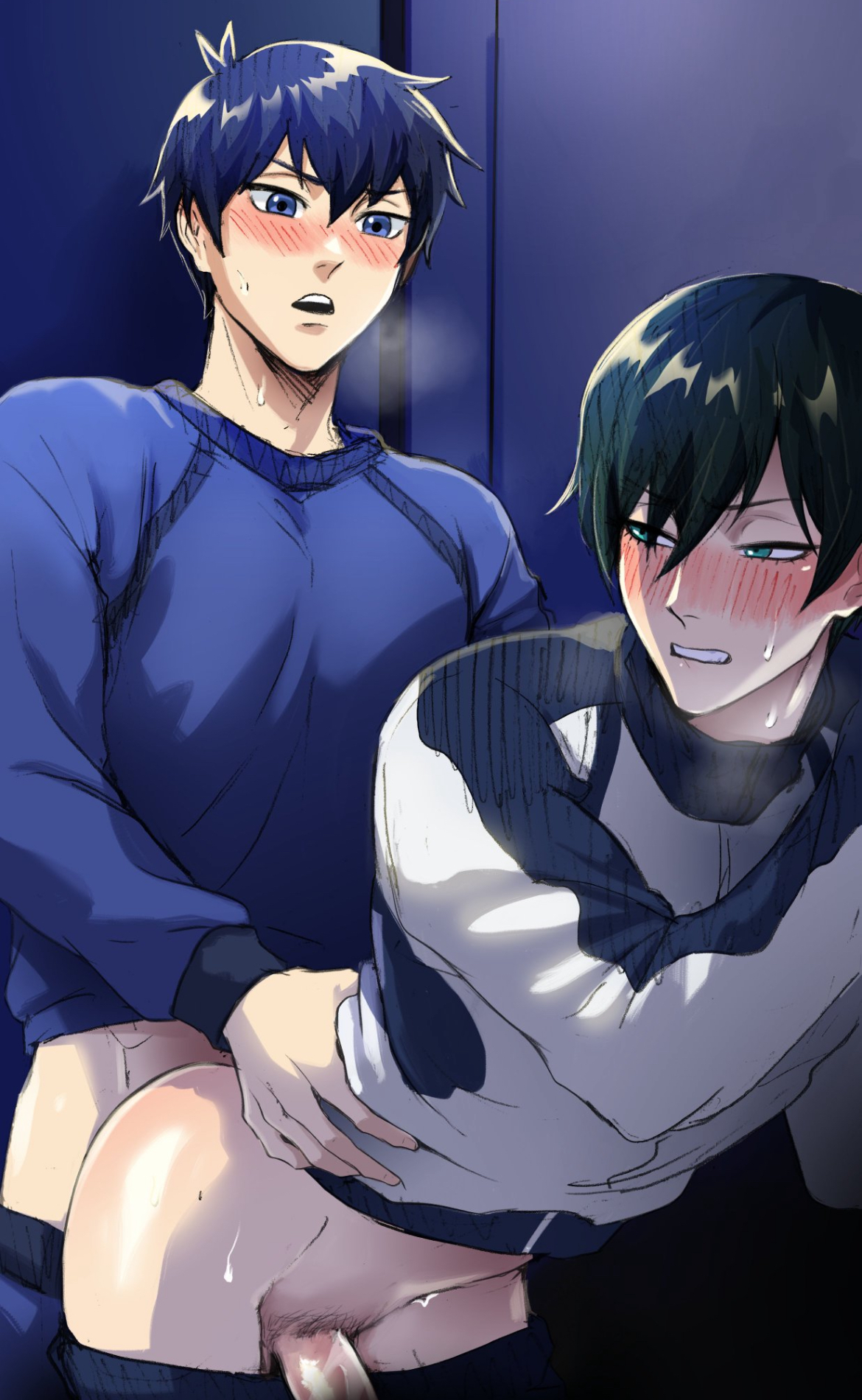 2boys, backshots, bent over, big ass (male), biting own lip, blue eyes, blue hair, blue lock, blush, dominant male, gay, gay male, gay sex, green eyes, green hair, half naked, hand on waist, isagi yoichi, itoshi rin, japanese male, lip bite, male ass, male penetrating male, male/male, maledom, malesub, mlm, pale-skinned male, pants down, ryuichirouart, sex, shirt on, submissive male, yaoi