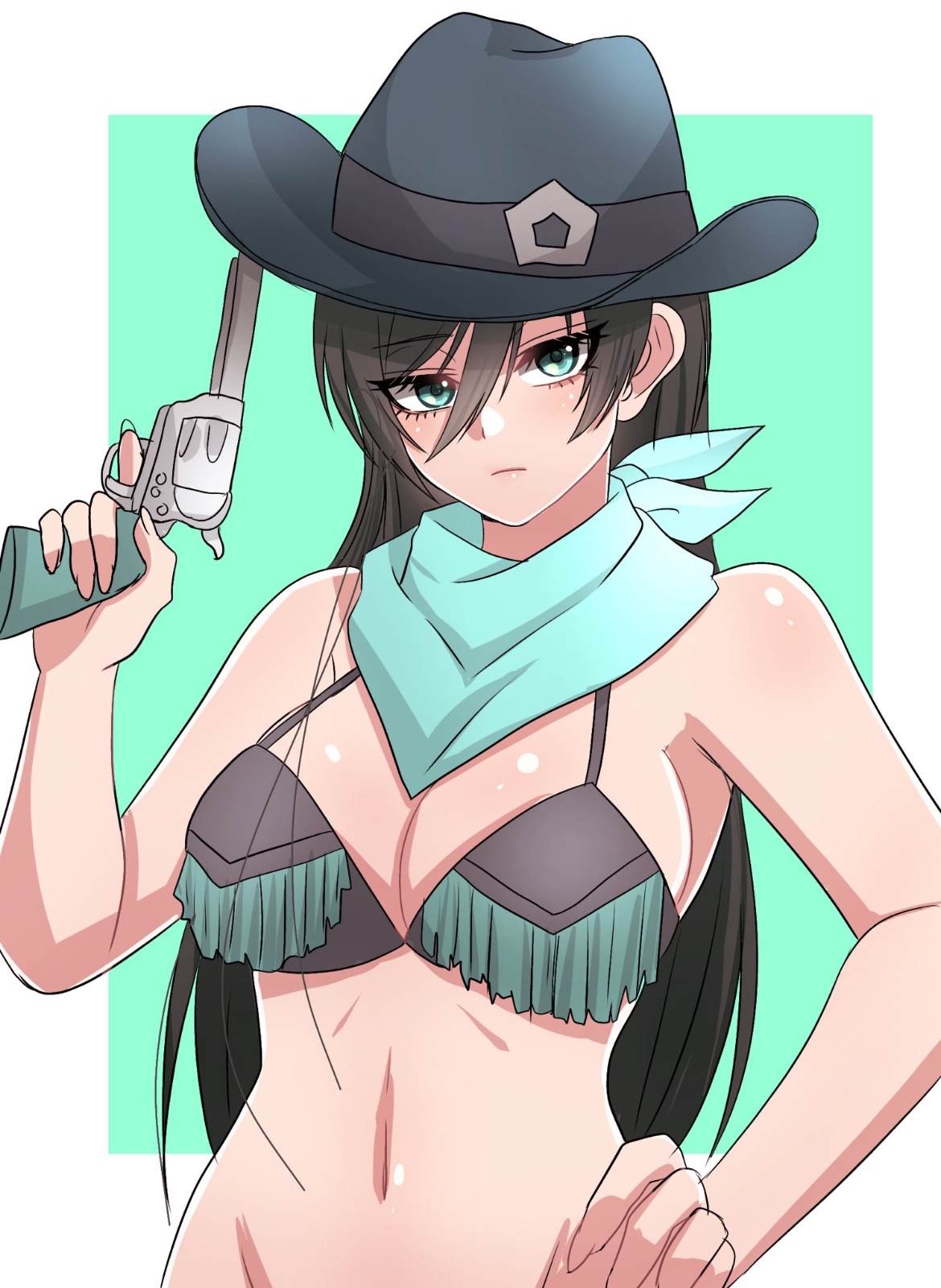 1girls, 2d, artist request, big breasts, bikini, bikini top, blue lock, breasts, cleavage, cleavage overflow, clothed, clothed female, color, cowboy hat, cowgirl (western), cowgirl outfit, curvy, curvy figure, female, female only, femlock, full color, green eyes, green hair, gun, hand on hip, itoshi rin, japanese female, light skin, light-skinned female, looking at viewer, non-nude, posing, posing for the viewer, revolver, rule 63, sexy, sexy body, sexy pose, solo, solo female, tagme (artist), weapon, wild west