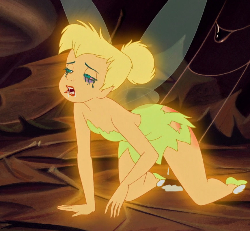 1girls after_rape after_sex all_fours ass blonde_hair blue_eyes broken_rape_victim clothed_rape clothing color crying cum cum_drip cum_in_mouth cum_inside disney disney_fairies dripping edit fairy female glow hair makeup open_mouth peter_pan_(disney) runny_makeup shoes short_hair solo tears tinker_bell torn_clothes torn_clothing tree wings