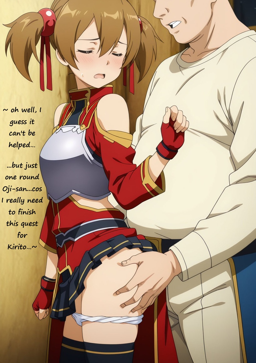 1boy, 1girls, age difference, ai generated, cuckold, cuckold pov, cuckolding, english text, female, male, netorare, netorase, ntr, older male, silica, sword art online, tagme, text, younger female